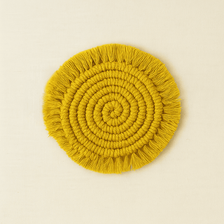 A circular macramé coaster in mustard yellow with tightly coiled knots and fringed edges, placed on a neutral beige background with the "Samra Knots" tag attached.