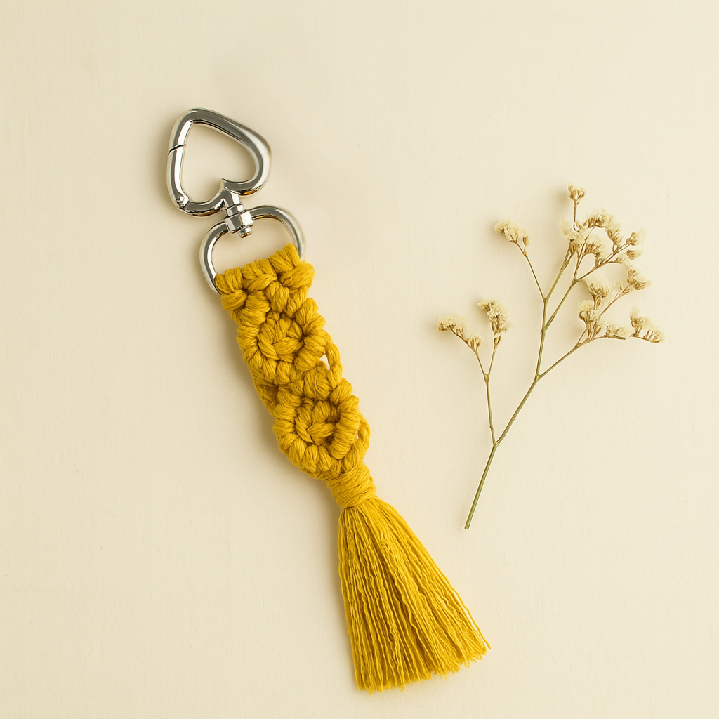 Handmade macramé diamond keychain in mustard yellow with silver heart clasp, styled on an off-white background with dried flowers