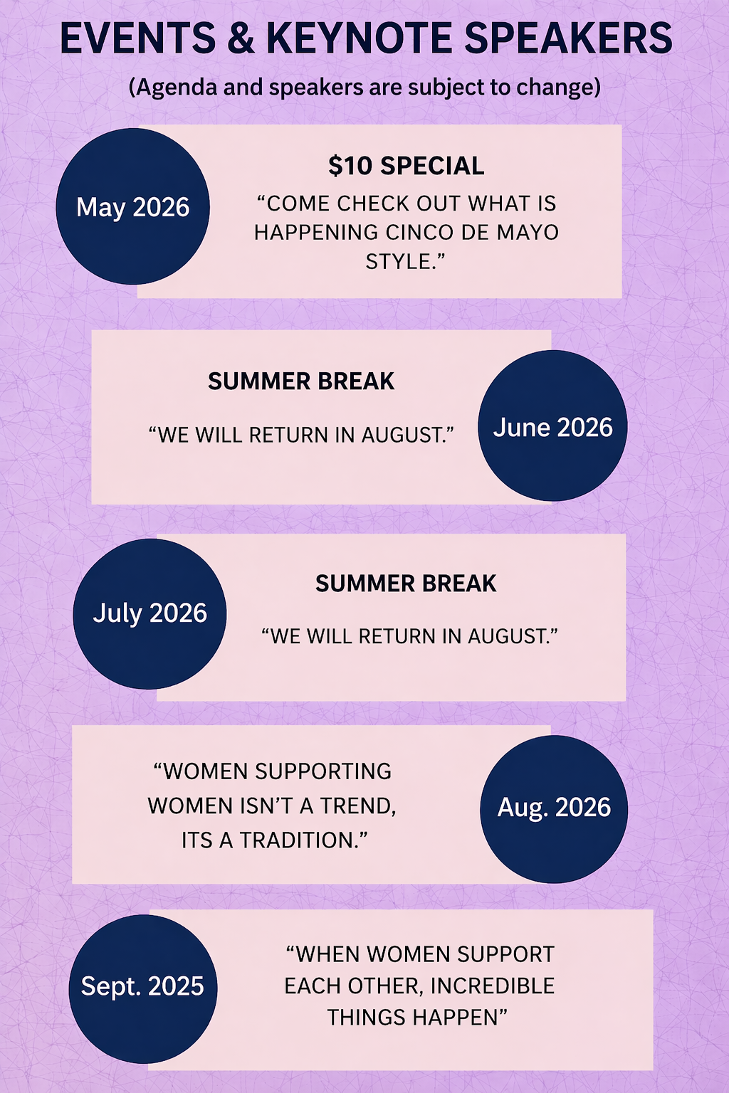 Event schedule flyer with purple background and textured pattern. Features headings 'Events & Keynote Speakers' and schedule details with dates, titles, and quotes in pink rectangles. Dates include May 2026, June 2026, July 2026, August 2026, and September 2025.