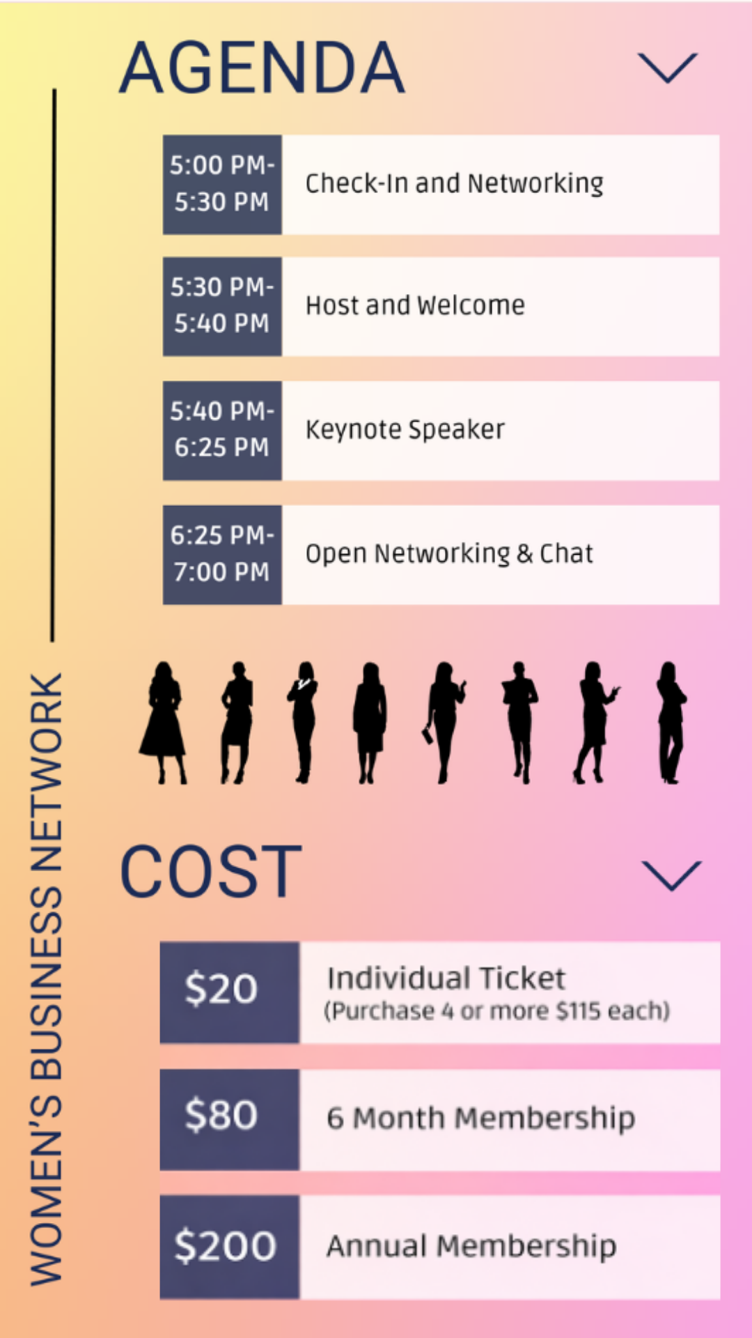 Schedule of an event with sessions from 5:00 PM to 7:00 PM, including check-in, networking, host welcoming, a keynote speaker, and open networking. silhouettes of women standing and talking are below the schedule. Pricing options for memberships and tickets are shown, including individual tickets for $20, 6-month membership for $80, and annual membership for $200.