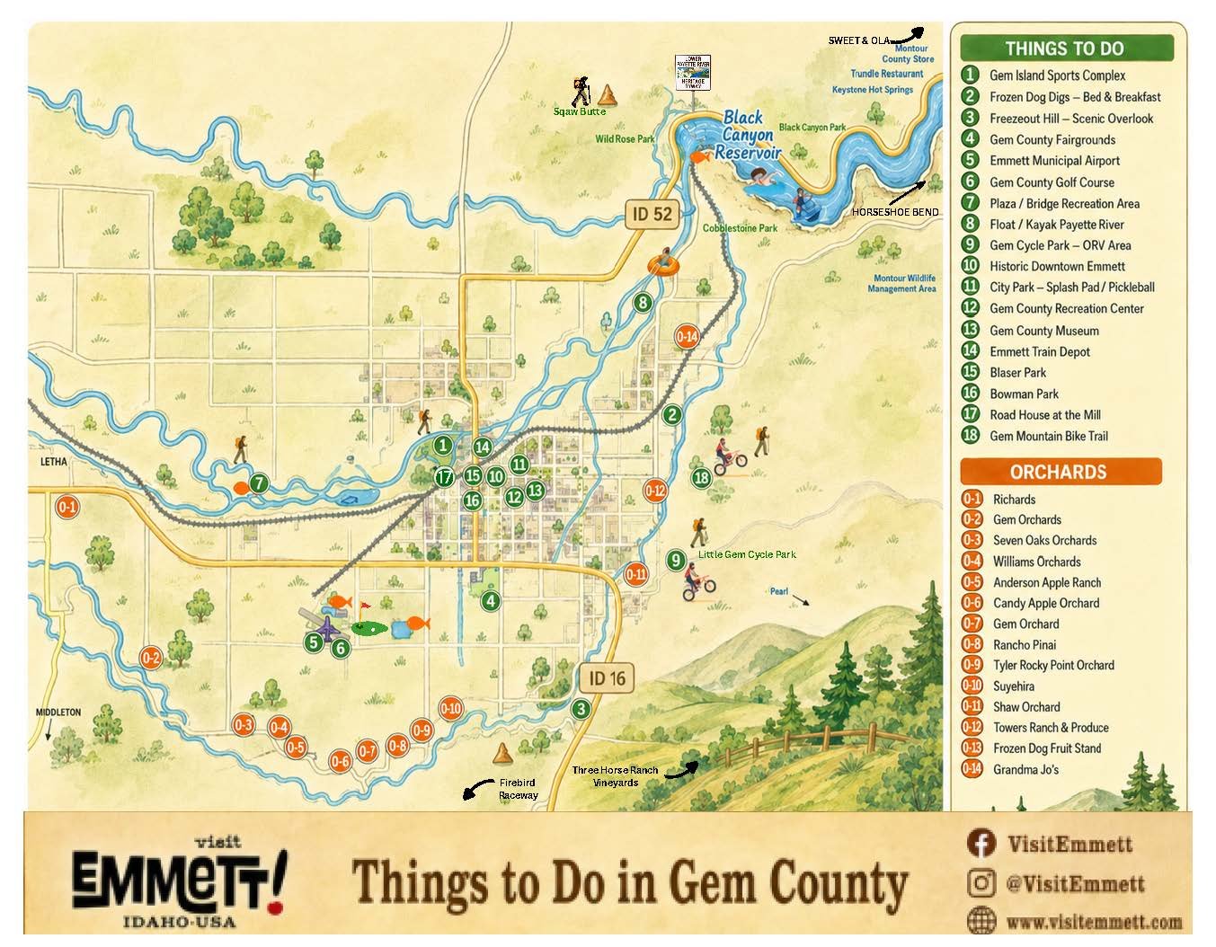 Illustrated Map of Gem County Activities and Orchards