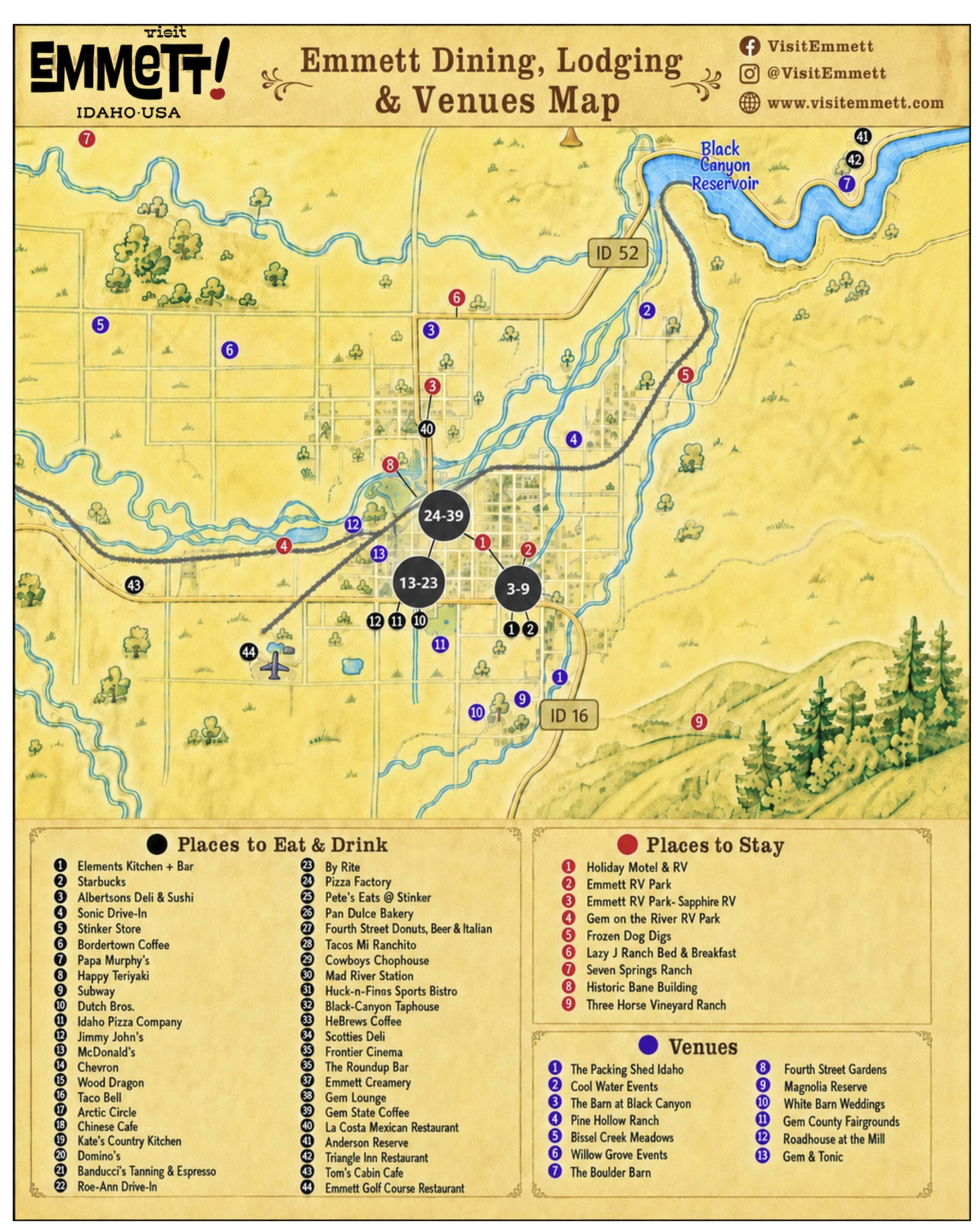 A illustrated map of places to eat stay and visit in Emmett Idaho it looks like old velum paper with the Visit Emmett Logo
