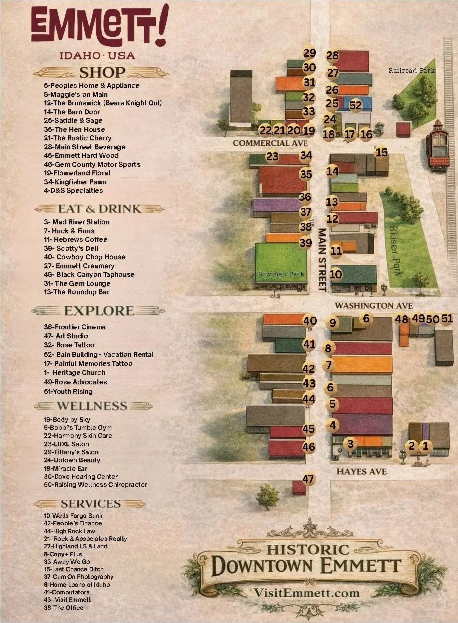 Map of Downtown Emmett, Idaho, showing business locations, restaurants, shops, health and wellness centers, services, and historic sites, with labeled streets and parks.