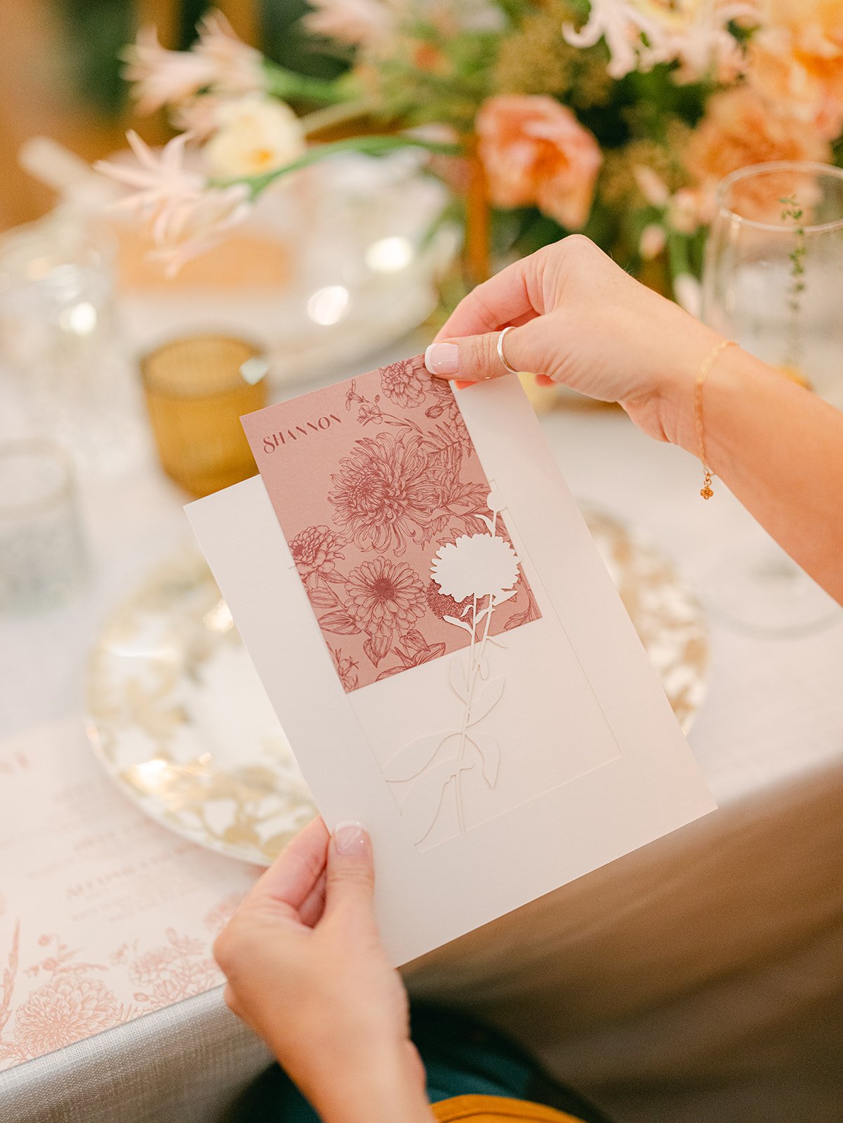 Dusty Rose Laser Cut Menu with Guest Name and Personalized Hand Written Note for Vendor Partnership Appreciation Event in Dallas, Texas