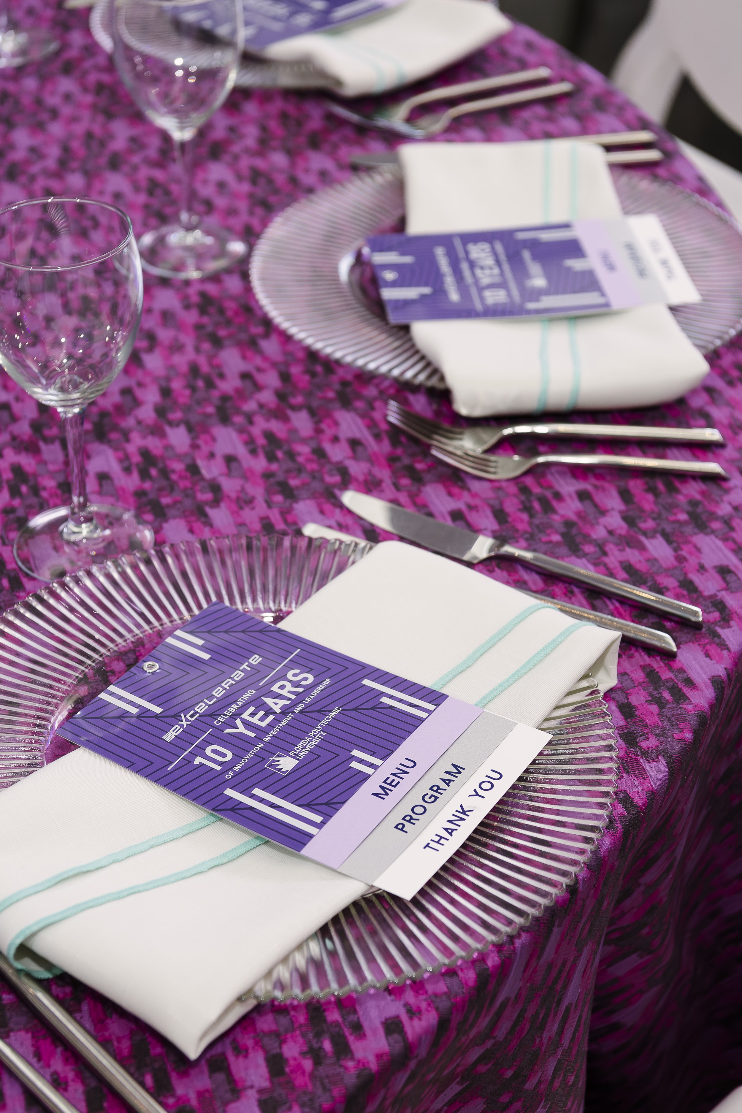 Layered Menu for Corporate Gala Event in Purple with Program and Thank You