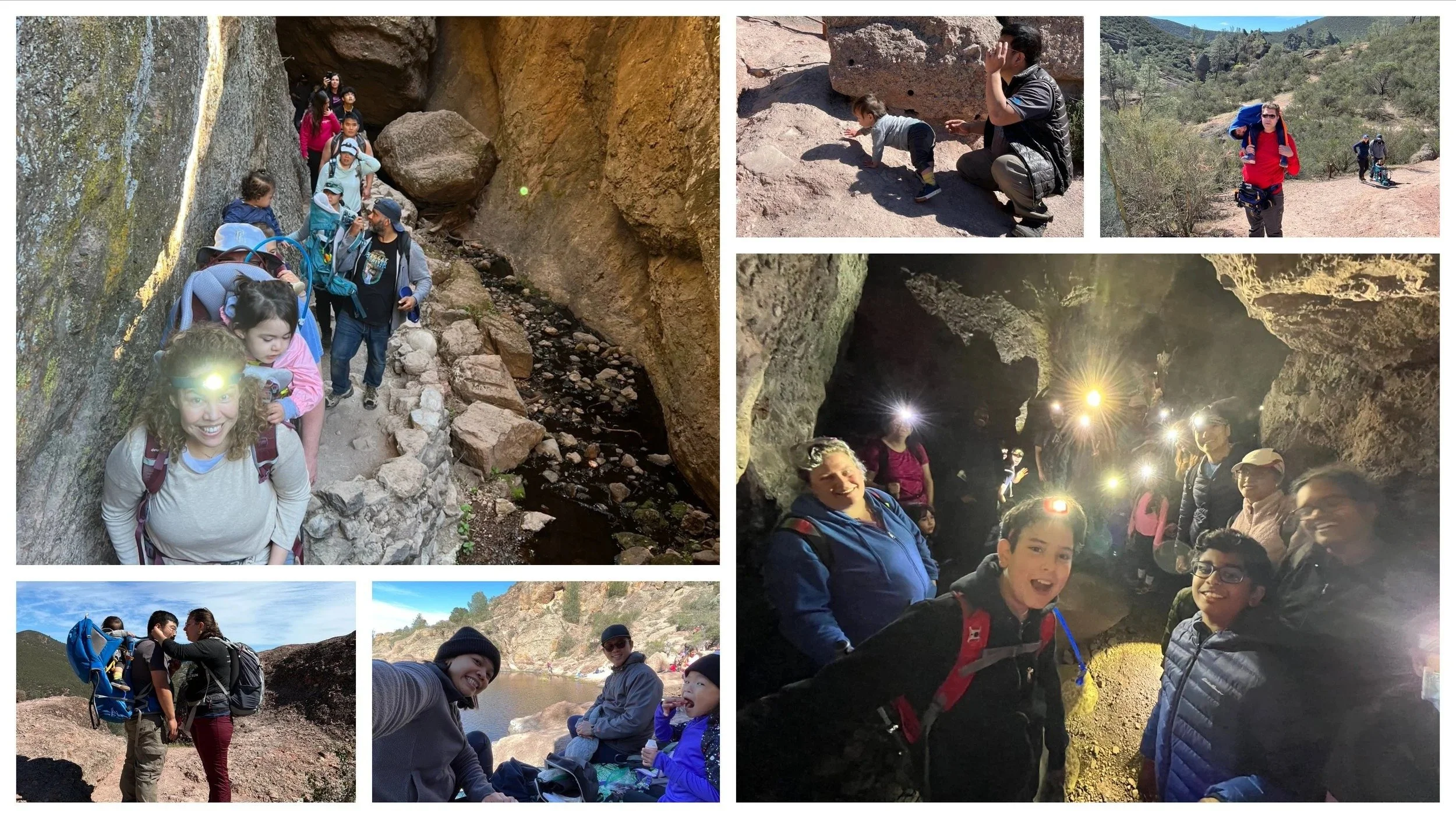Collage at Pinnacles: families hiking a narrow rocky canyon, exploring a dark boulder cave with headlamps, and resting among the rocks.