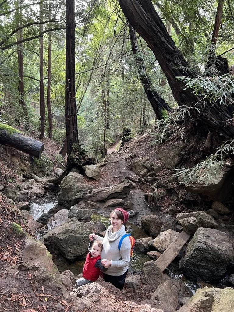 A parent and child climbing among boulders in a rocky creek bed under East Bay redwoods.