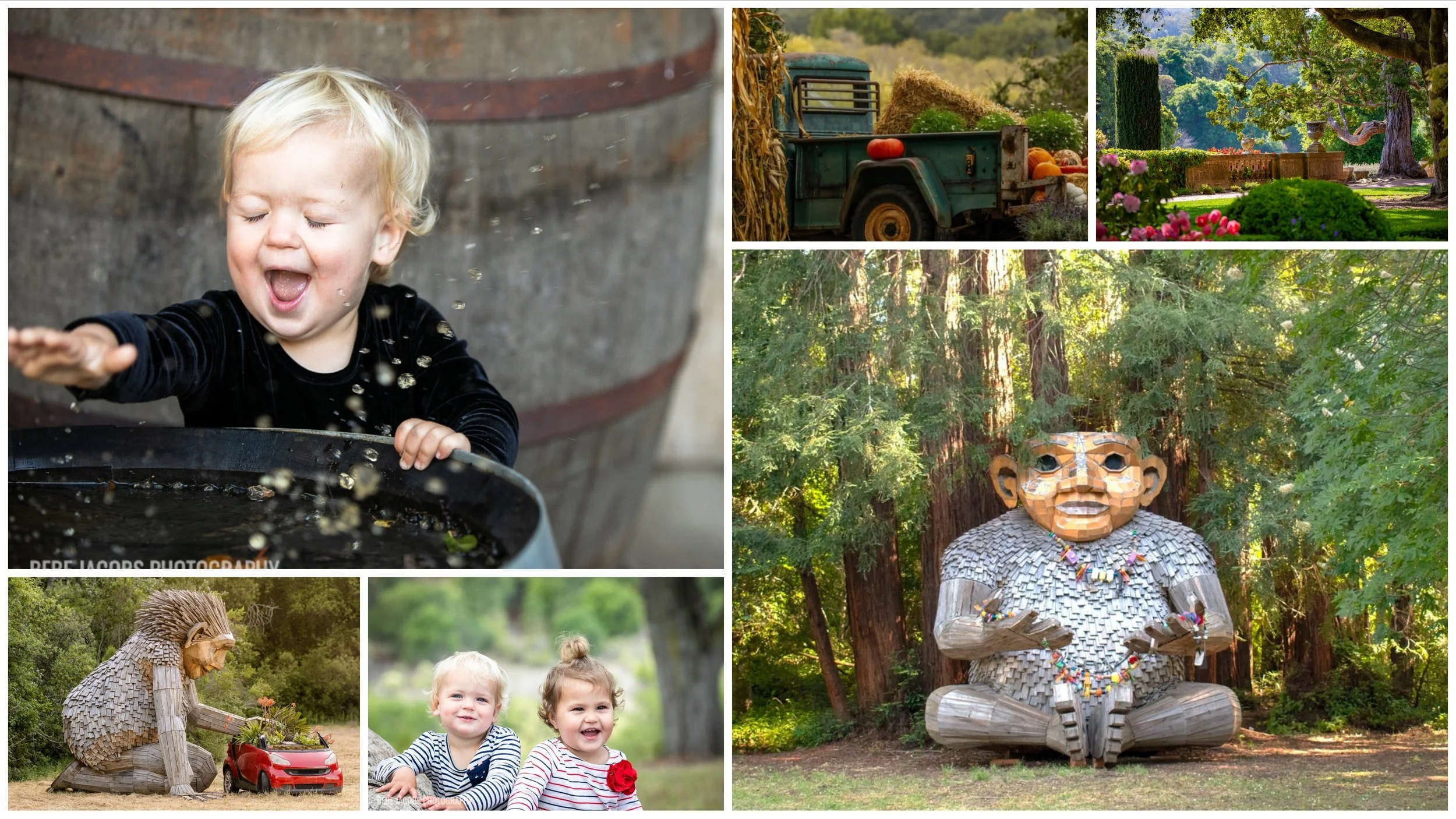 Collage at Filoli: a laughing toddler by a barrel, children in a fall garden, an old truck, and a giant troll sculpture among the trees.