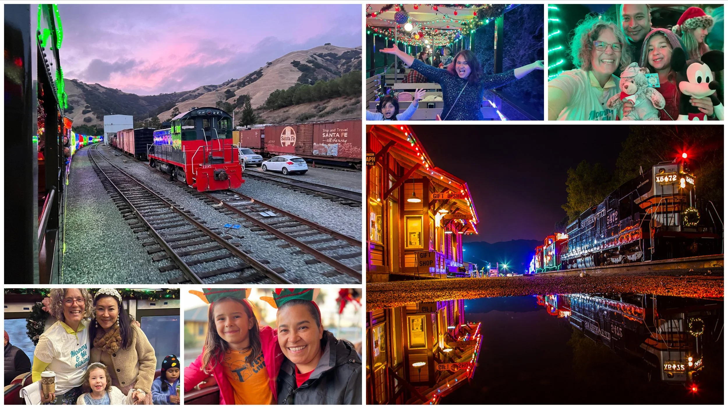 Collage at Niles Canyon Railway: a train decorated with holiday lights, a lit-up station reflected at night, and families smiling aboard.