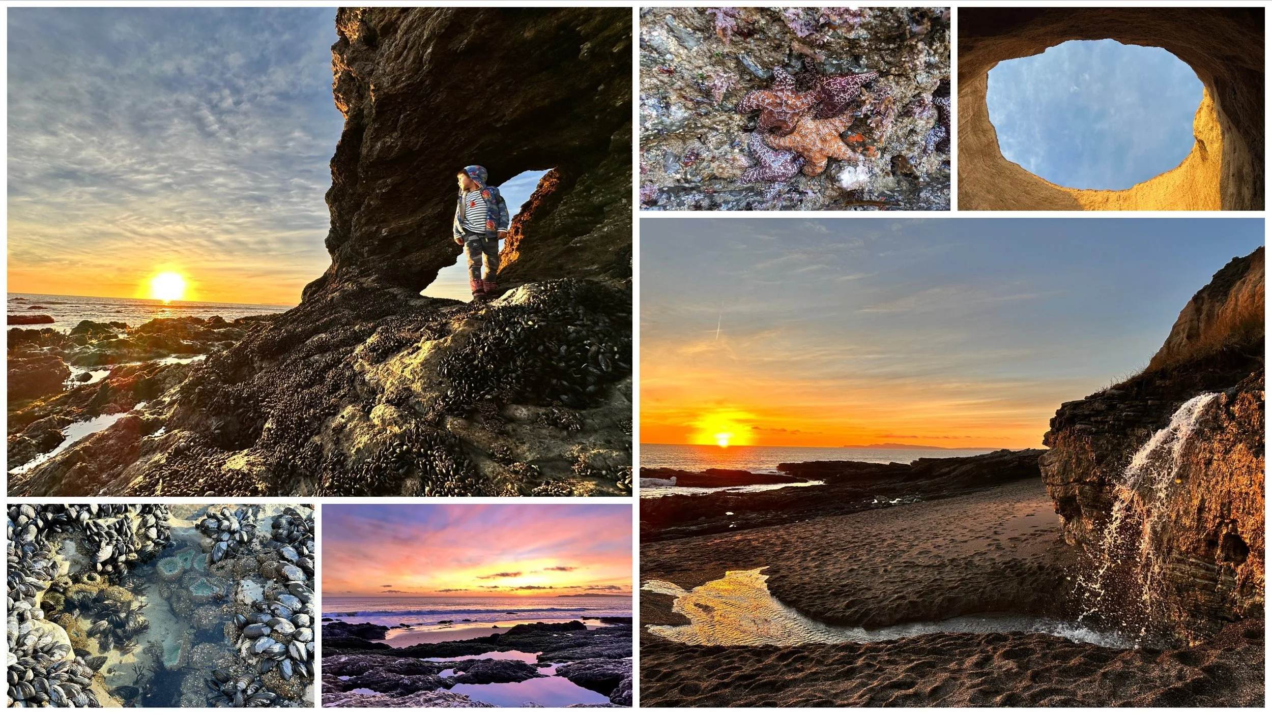 Collage at Point Reyes: a sea cave arch at sunset, a hiker in a cave opening, a skylight in a rock ceiling, and tidepools at low tide.