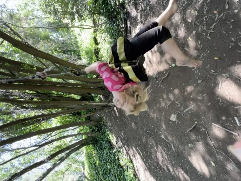 A child in a bee costume mid-swing on a rope swing under a canopy of trees in the East Bay.