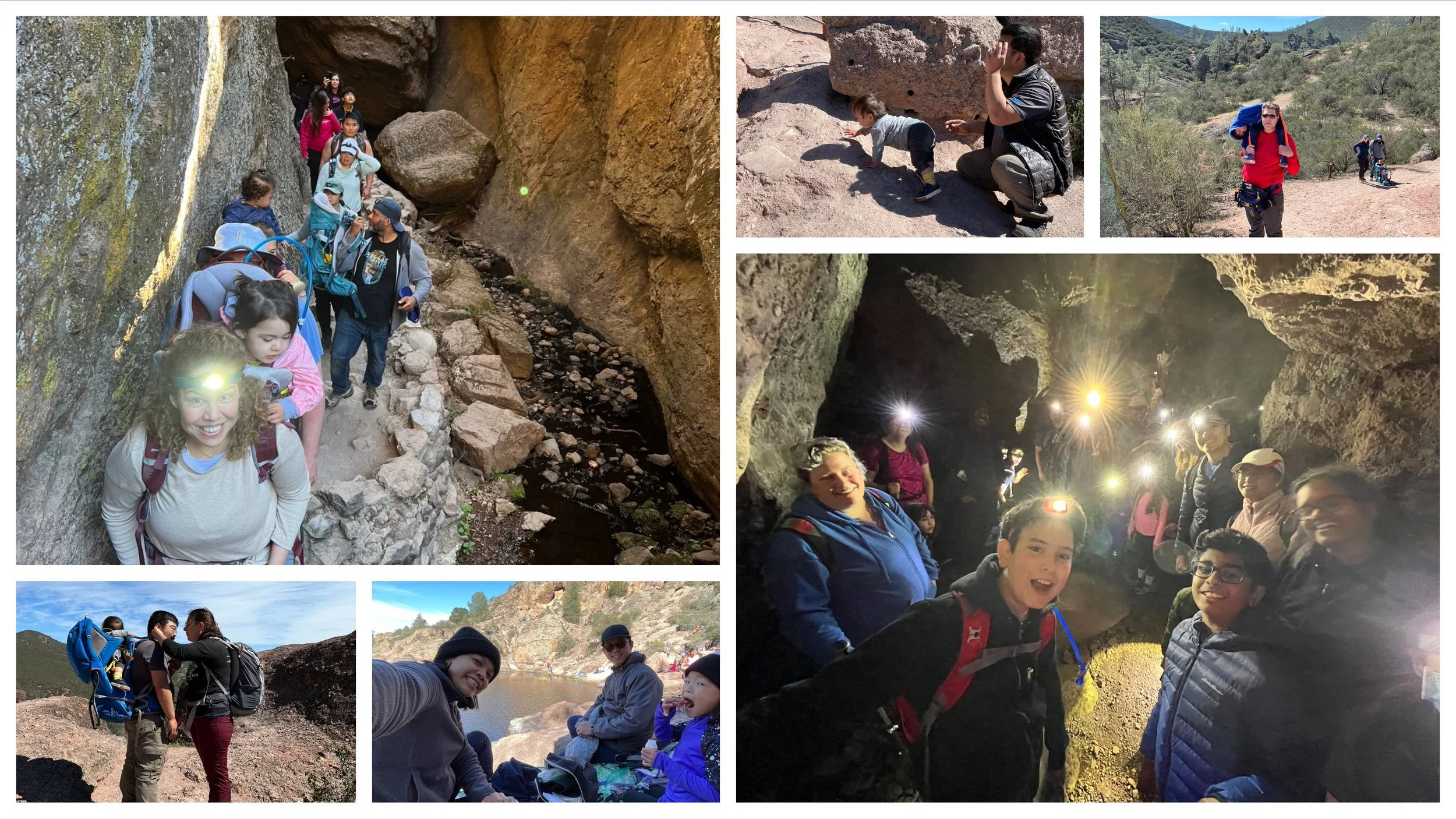 Collage at Pinnacles: families hiking a narrow rocky canyon, exploring a dark boulder cave with headlamps, and resting among the rocks.