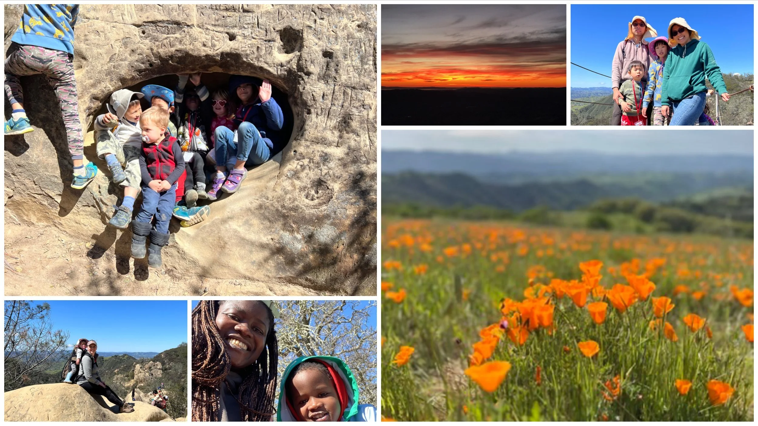 Collage at Mount Diablo: children tucked inside a sandstone wind cave, orange poppies on the hills, a sunset, and families on a rocky summit.