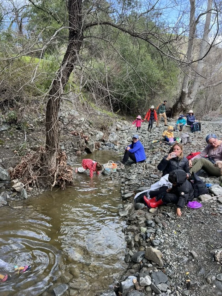 Families gathered on the rocky banks of a creek at Little Yosemite in the East Bay.