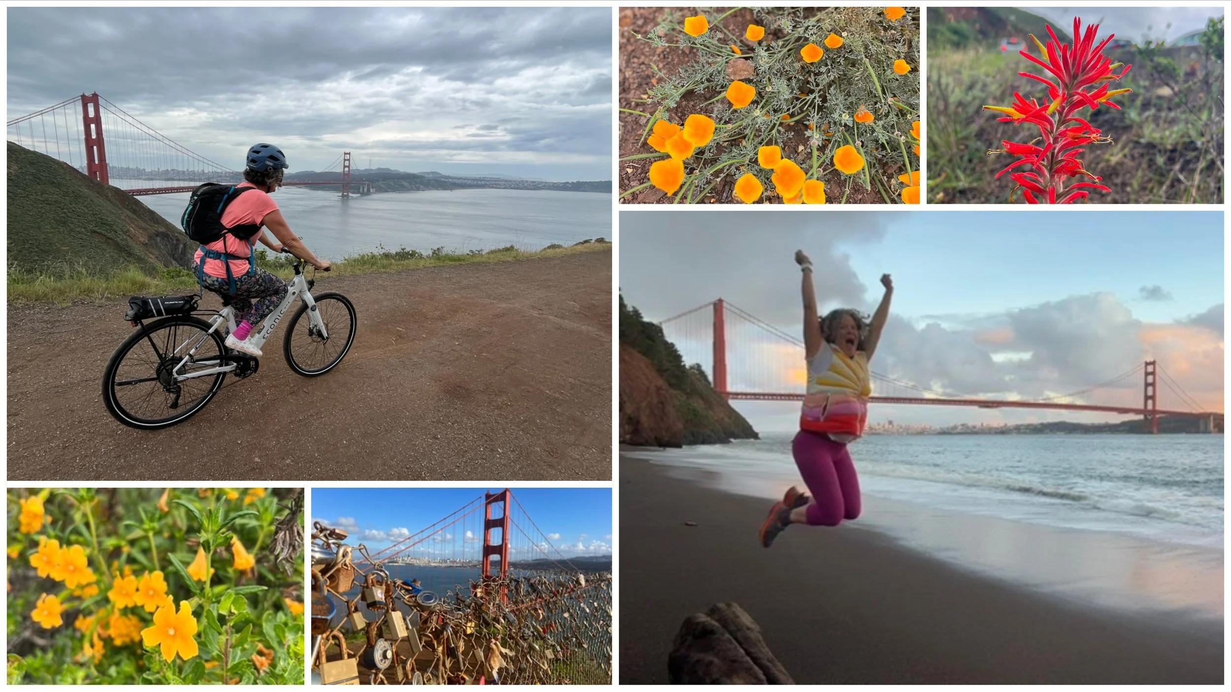 Collage near the Golden Gate Bridge: a woman on an e-bike above the bridge, a girl leaping on the beach with the bridge behind, and poppies and paintbrush.