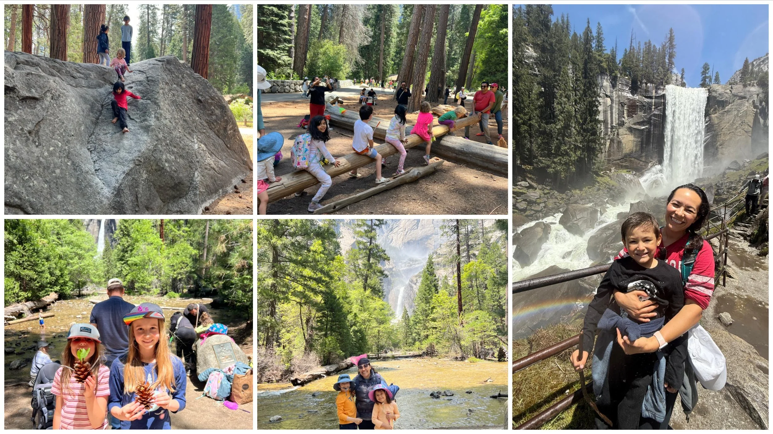 Collage in Yosemite: Vernal Falls with a rainbow of mist, families under giant sequoias, a child climbing a boulder, and a river beach.