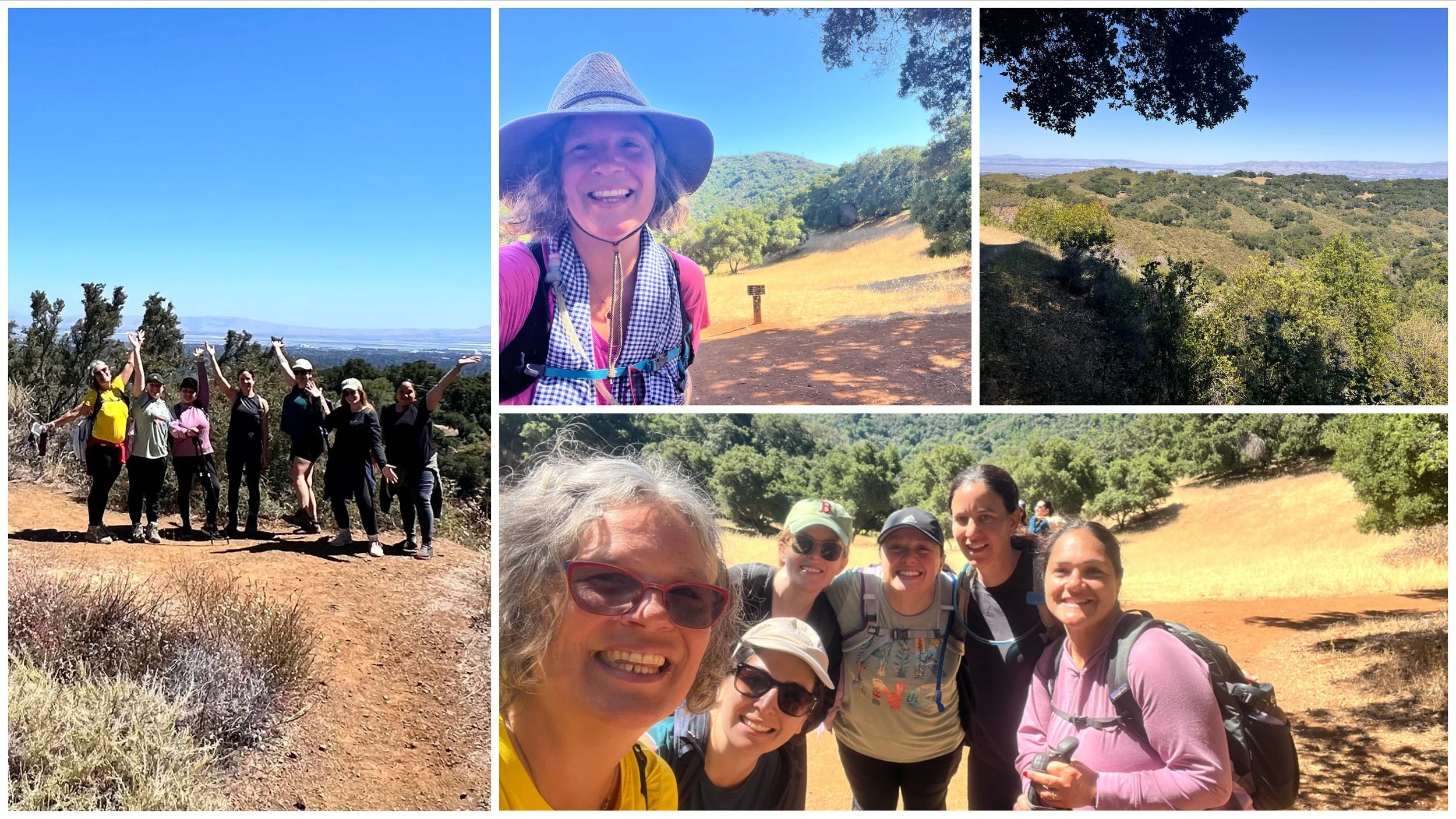Collage in the Los Altos Hills: women posing on a dry hilltop trail, smiling group selfies, and oak-dotted hills.