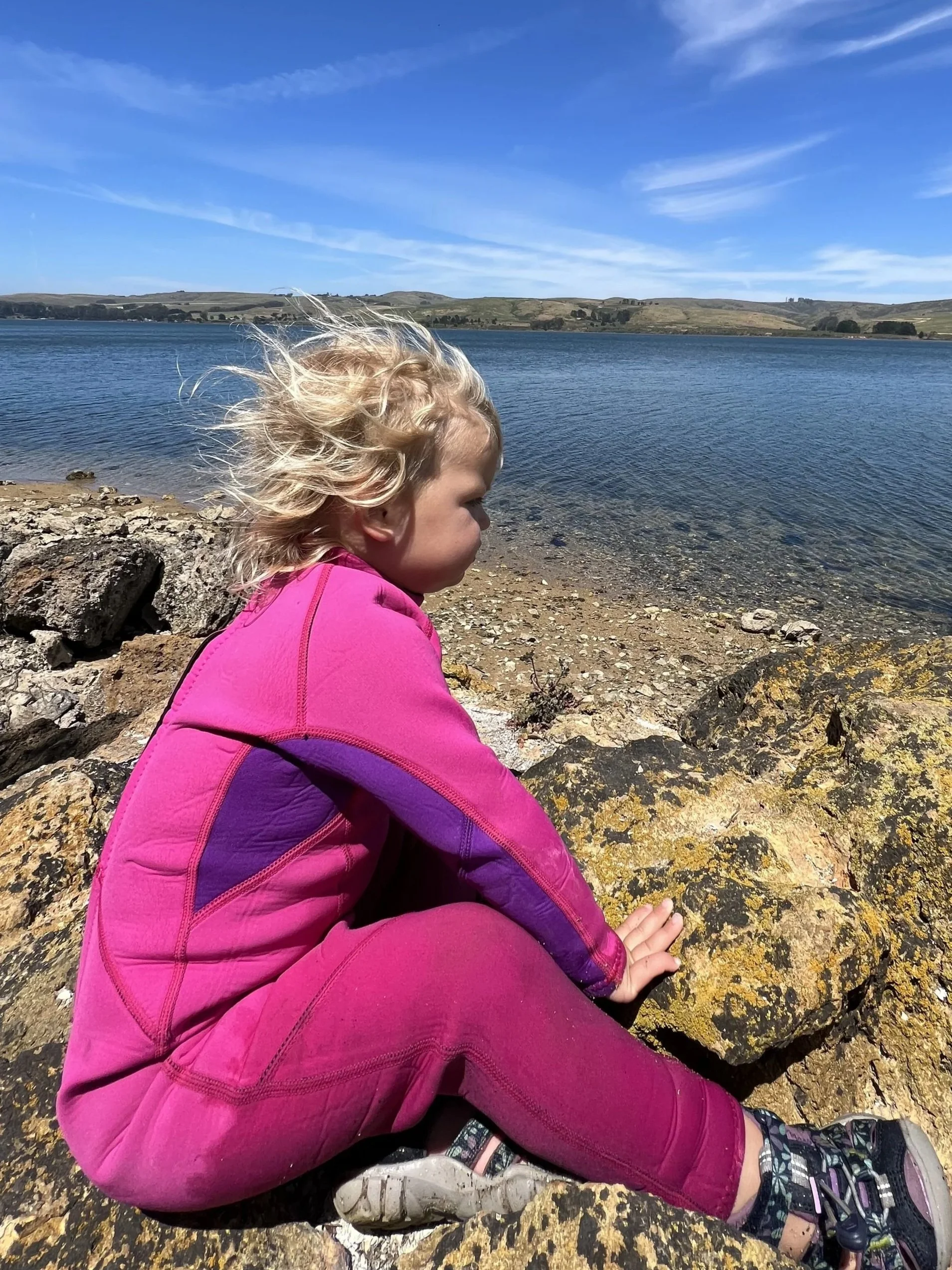 A child in a pink and purple O'Neill wetsuit sitting on rocks at the edge of a calm bay.