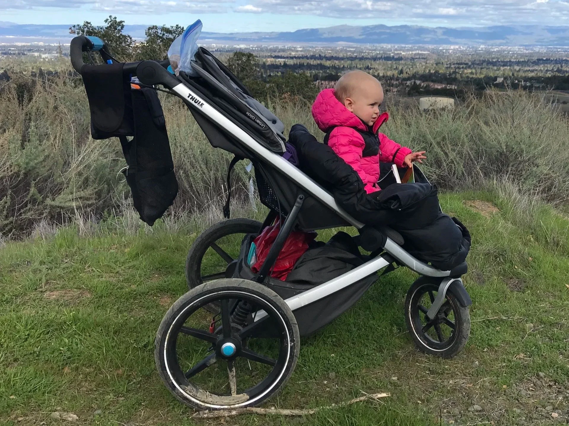 A baby in a pink jacket sitting in a Thule jogging stroller on a grassy hilltop.