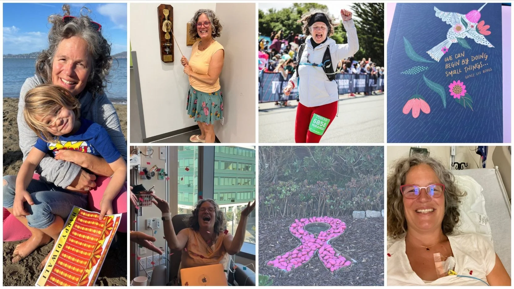 Collage of Miranda’s year as a breast cancer survivor: hugging her daughter on the beach, ringing the survivor bell, running a race, a pink ribbon laid out in rocks and a hospital-bed selfie