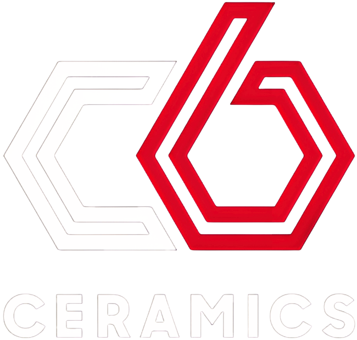 White C and red 6 together in octagon shape to form the logo for C6 Ceramics
