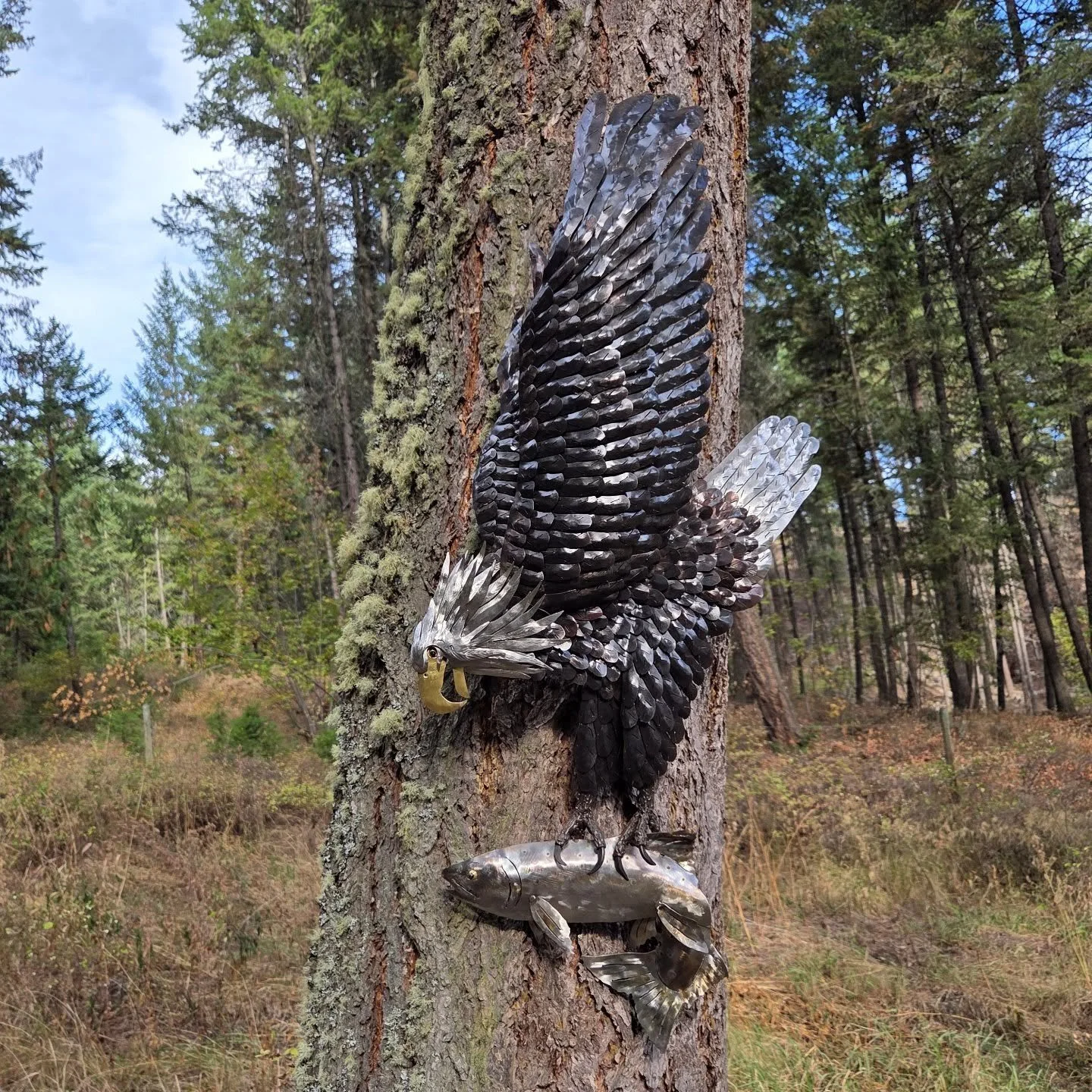 🦅✨ Strength, precision, and freedom forged in fire.
This hand-welded bald eagle in flight, clutching a salmon, captures the raw power of nature through metal art.

Every feather hammered and shaped with care, every detail telling a story of resilien