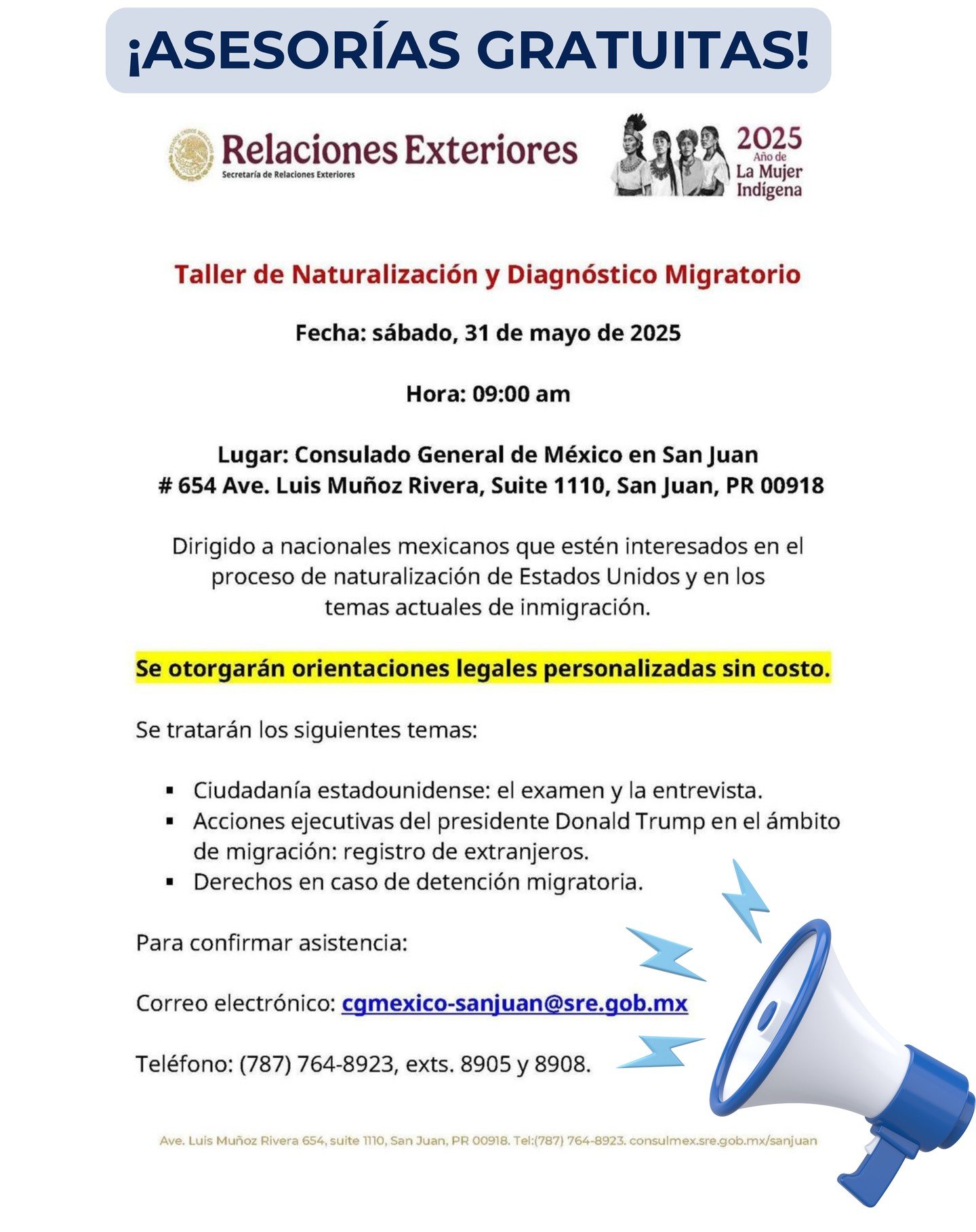 Si eres extranjero y te interesa la naturalizaci&oacute;n en Estados Unidos o tienes dudas sobre temas migratorios actuales, &iexcl;esto es para ti!

El Consulado General de Mexico en Puerto Rico te invita a su Taller de Naturalizaci&oacute;n y Diagn