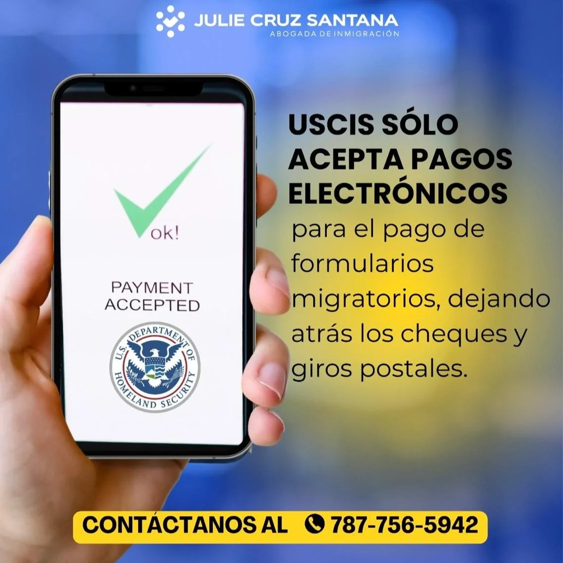 🚨 &iexcl;ATENCI&Oacute;N: CAMBIO EN USCIS! 🚨

A partir del 28 de octubre de 2025, USCIS deja de aceptar cheques y giros postales para los tr&aacute;mites de inmigraci&oacute;n.

Si planeas enviar una solicitud, tu m&eacute;todo de pago DEBE ser ele