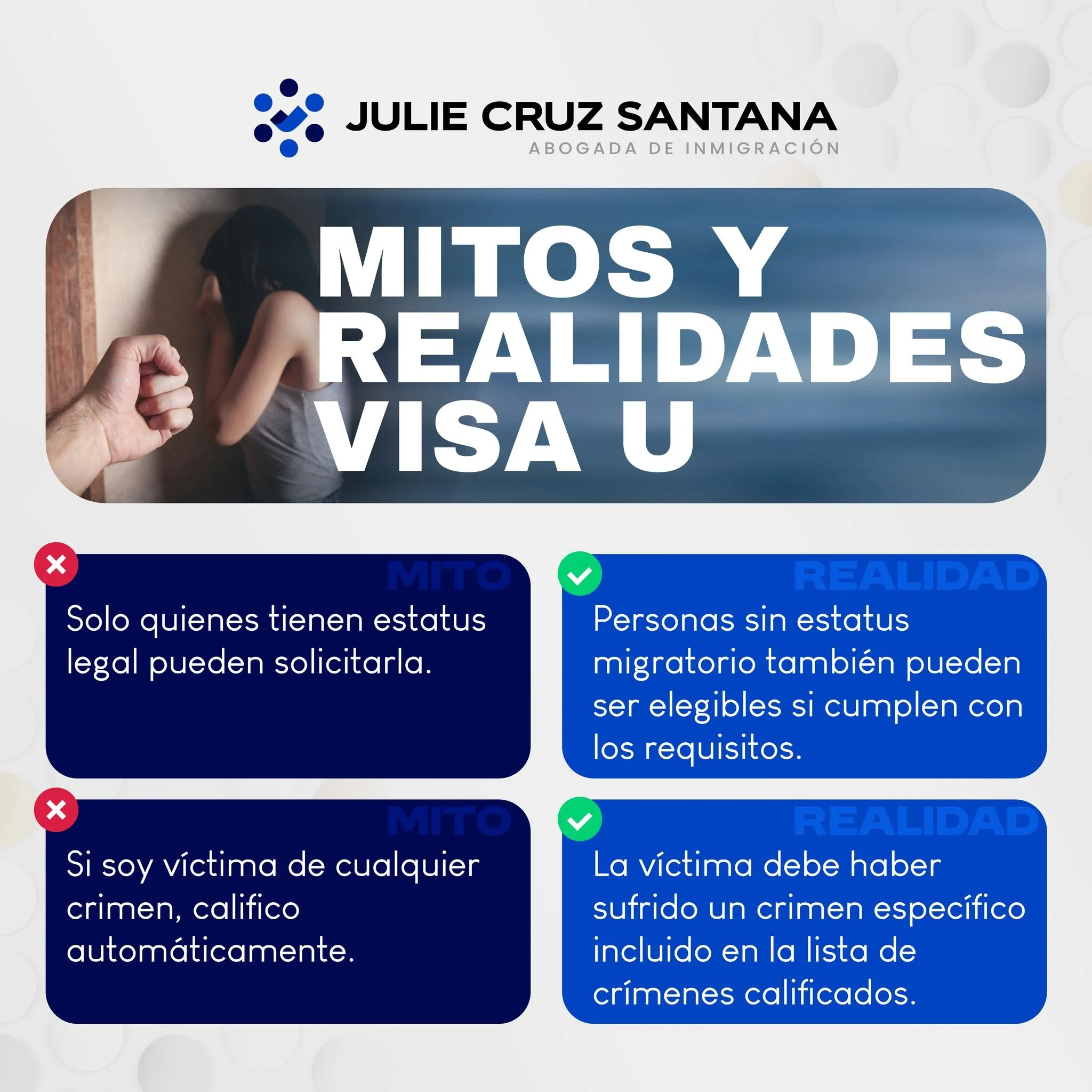 La Visa U es una alternativa migratoria para obtener la residencia permanente cuando la persona han sido v&iacute;ctima de ciertos delitos y ha colaborado o est&aacute; dispuesta a colaborar con las autoridades para esclarecer el crimen. 
Cada caso r