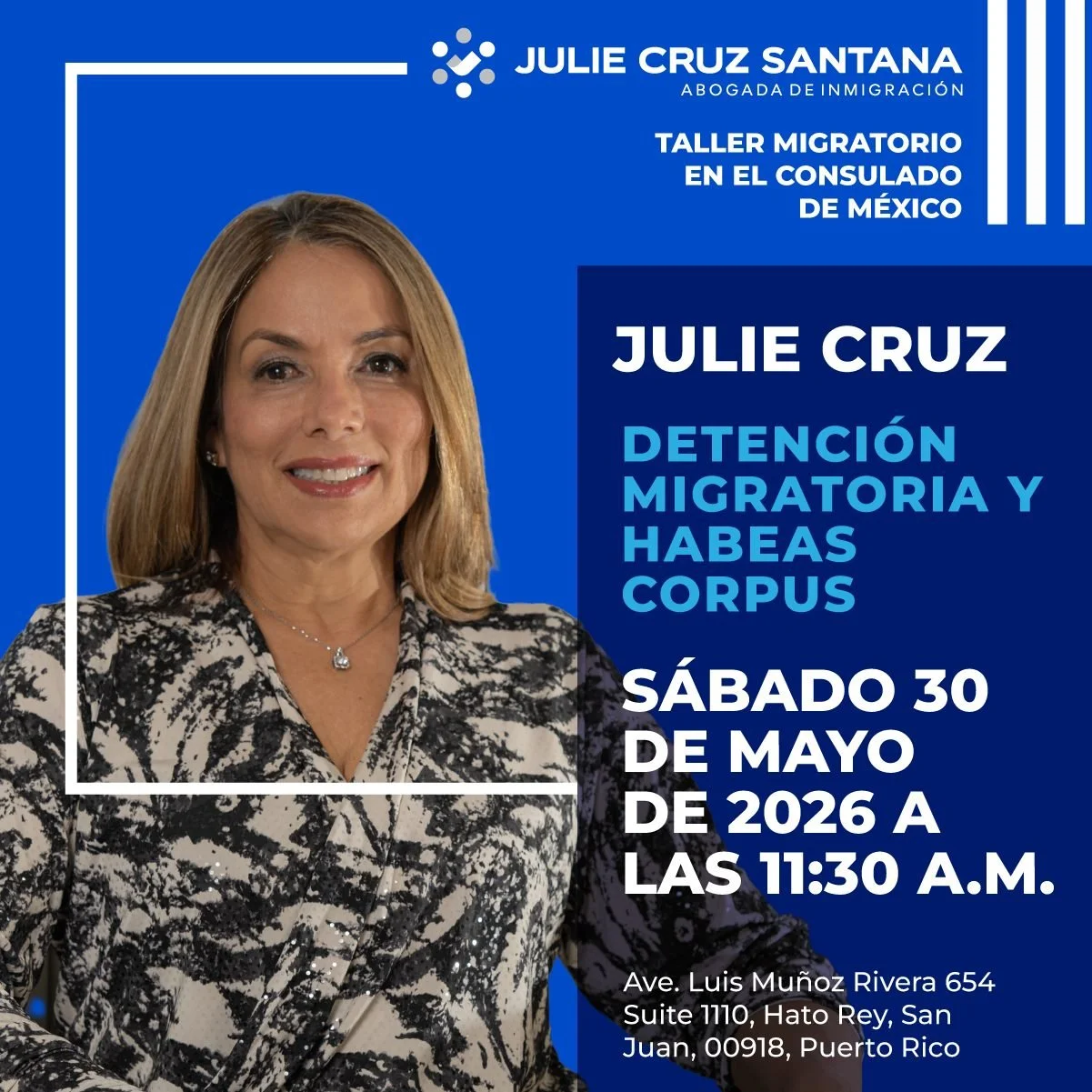 &iquest;T&uacute; o un familiar enfrenta una detenci&oacute;n migratoria  y no saben qu&eacute; opciones legales existen? ⚖️

Te invitamos al taller informativo impartido por la abogada Julie Cruz Santana sobre:

📌 Detenci&oacute;n Migratoria y Habe