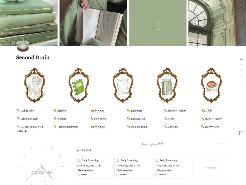 Digital workspace dashboard titled 'Second Brain' with sections for planning, life, and workspace management. Features links to daily and weekly planning, projects, goals, and resources. Includes a clock, calendar, and motivational quote on a decorative background.