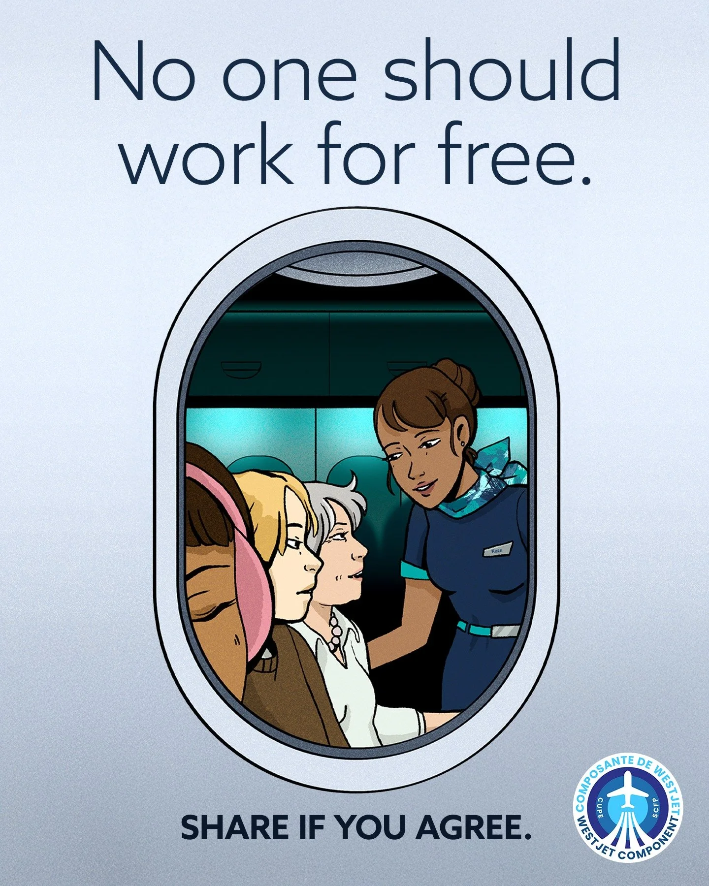 WestJet is making you pay to recline your seat and does not pay its flight attendants unless the plane is in motion.

Take action and then send this to a friend and tell them to send a letter to end unpaid work for good. Link in bio.