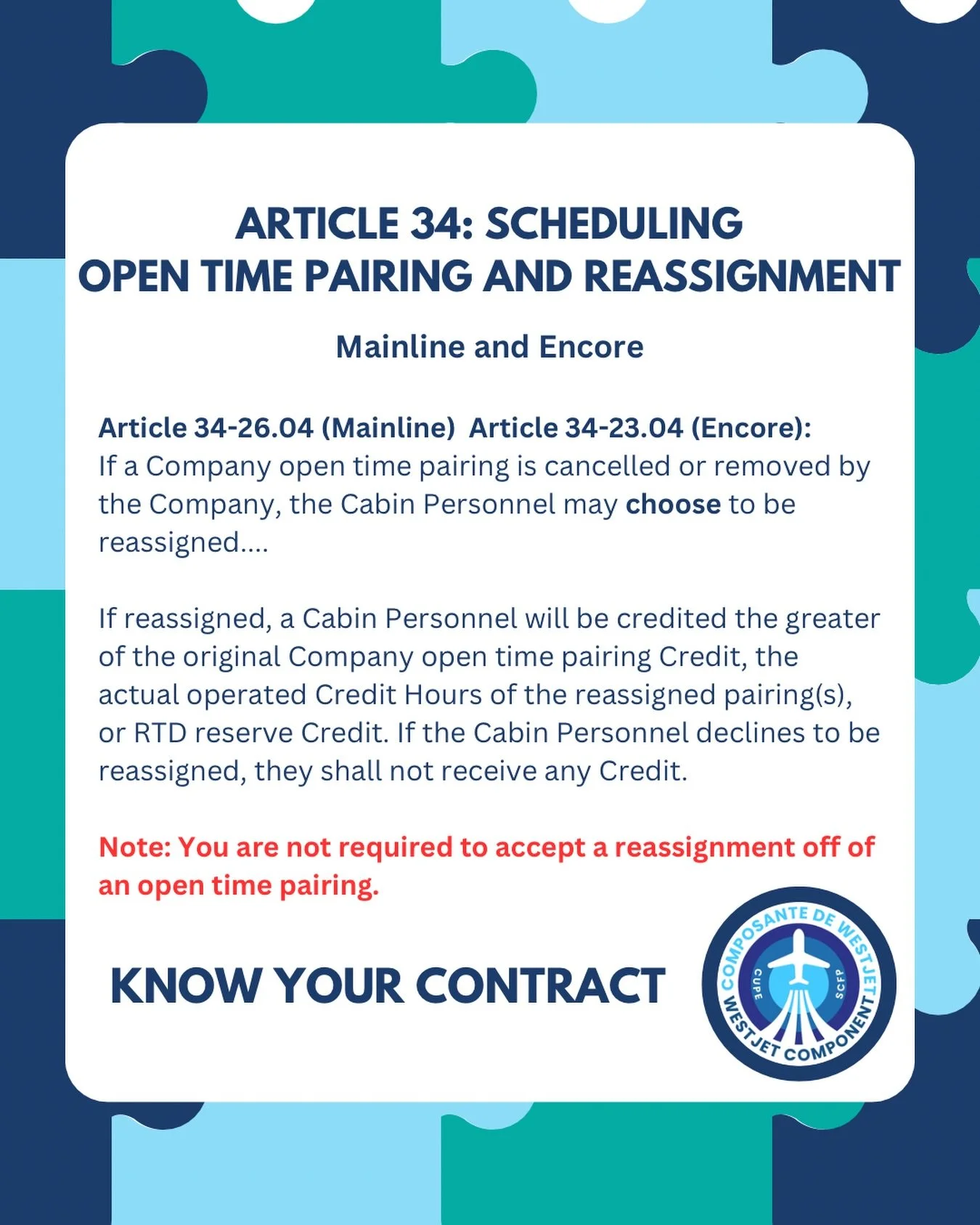 As we go into the peak holiday season Know Your Contract! If you have questions, please reach out to your Base VP on wjcomponent.ca/contact. #knowyourcontract #knowledgeispower