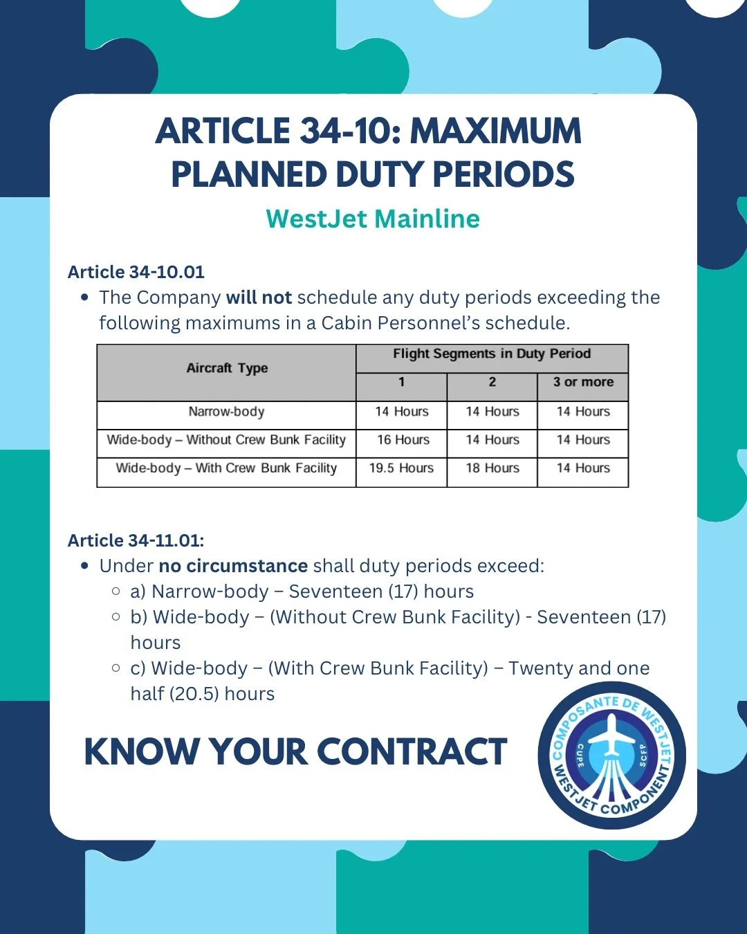 Knowledge is Power. It&rsquo;s important that crew understand their maximum duty period. If you have questions, reach out to your union. wjcomponent.ca/contact.