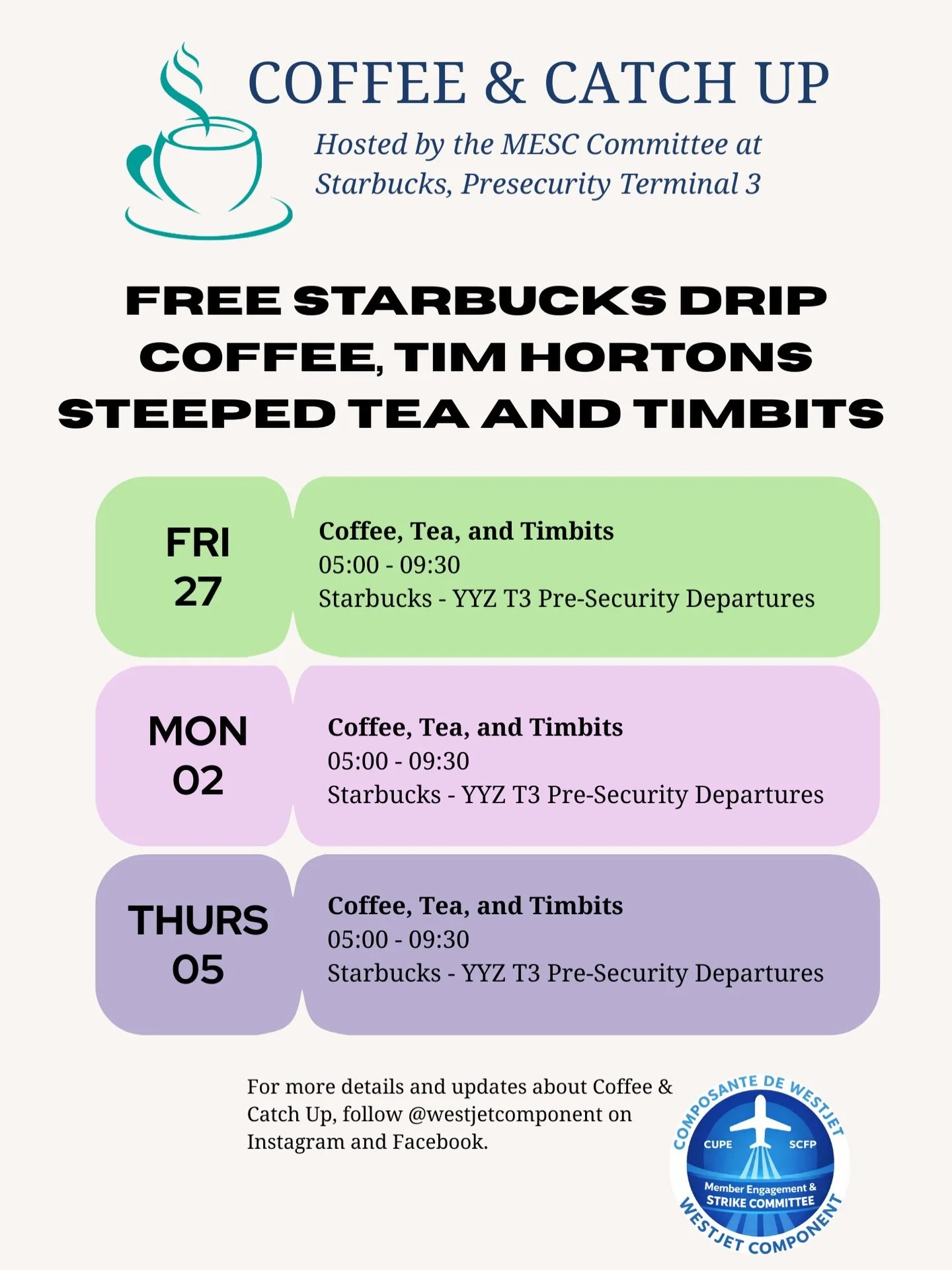 YYZ! Our Member Engagement Committee will be in T3 pre-security with swag (pins, pens, and unpaid work bag tags)! Come by and grab a coffee and some swag! If you are on a layover or passing through the airport, come stop by! Future events will be hel