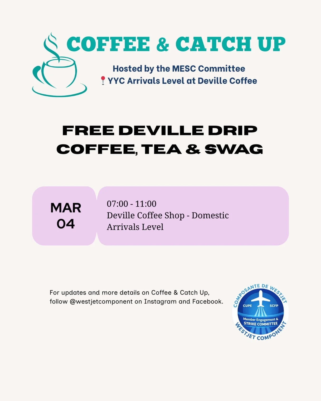 YYC! The Member Engagement Committee will be in YYC tomorrow morning and we&rsquo;d love to see you! If your on ASB or transiting through be sure to stop by for coffee and swag. Both Encore and Mainline members can attend!