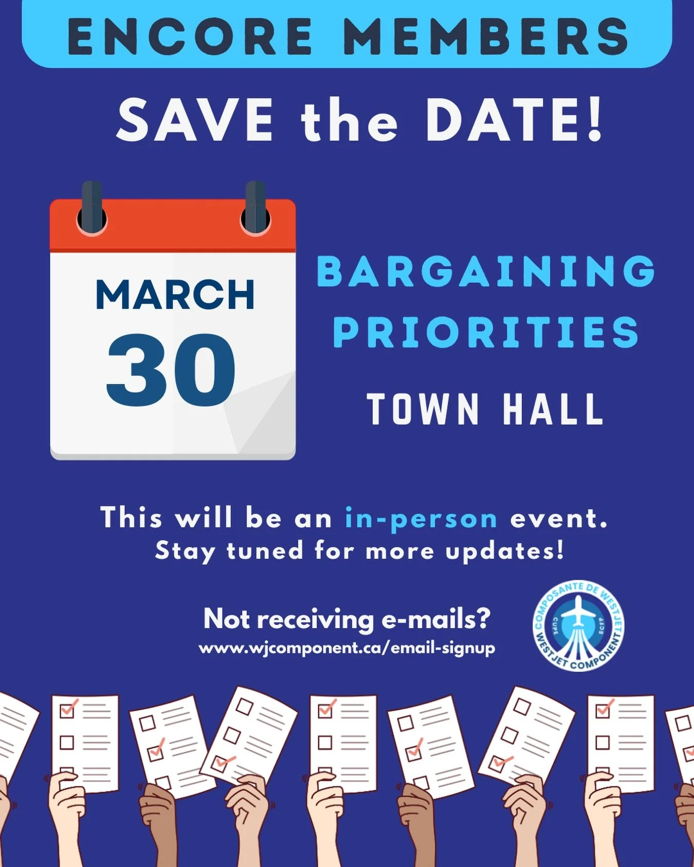 Encore Members, your bargaining committee will be hosting an in person Bargaining Priorities Townhall on March 30th! More info to come via email, but be sure to save the date so you can attend. At this meeting we will review the key results of the Pr