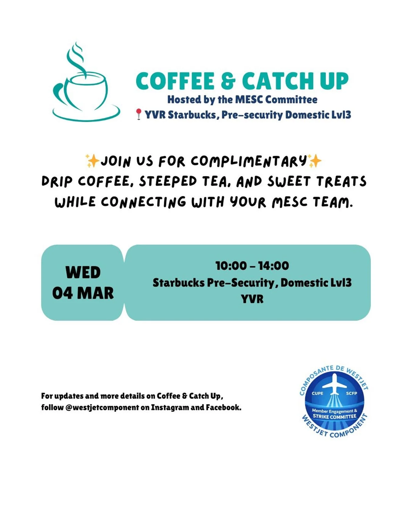 YVR! We will be in the airport tomorrow with coffee and swag! Make sure to stop by our mobilization committee event. We hope to see you there!