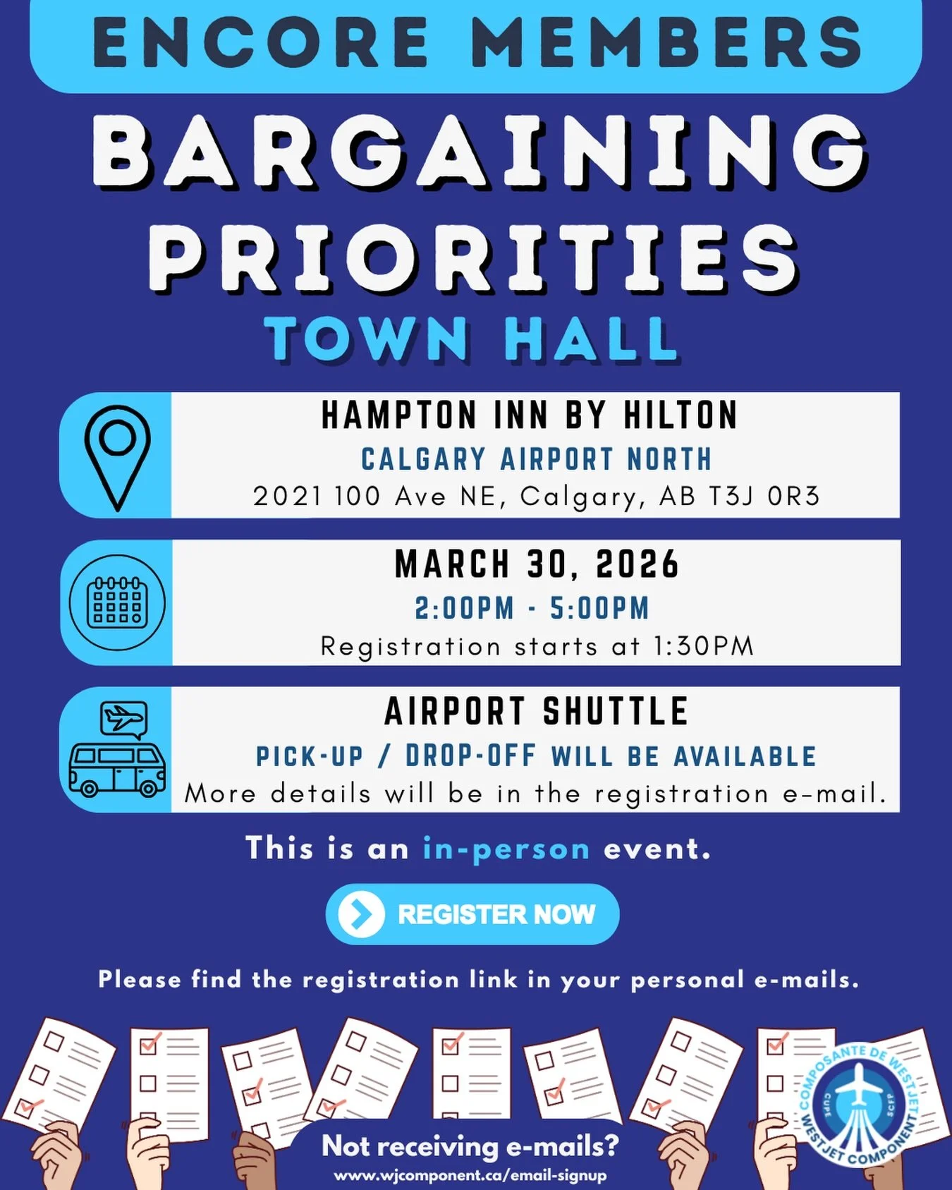 Encore Members! Your bargaining committee is hosting an in person townhall on March 30th. The Committee will cover key bargaining topics, next steps in the bargaining cycle, and there will be swag and other mobilization activities! We hope to see you