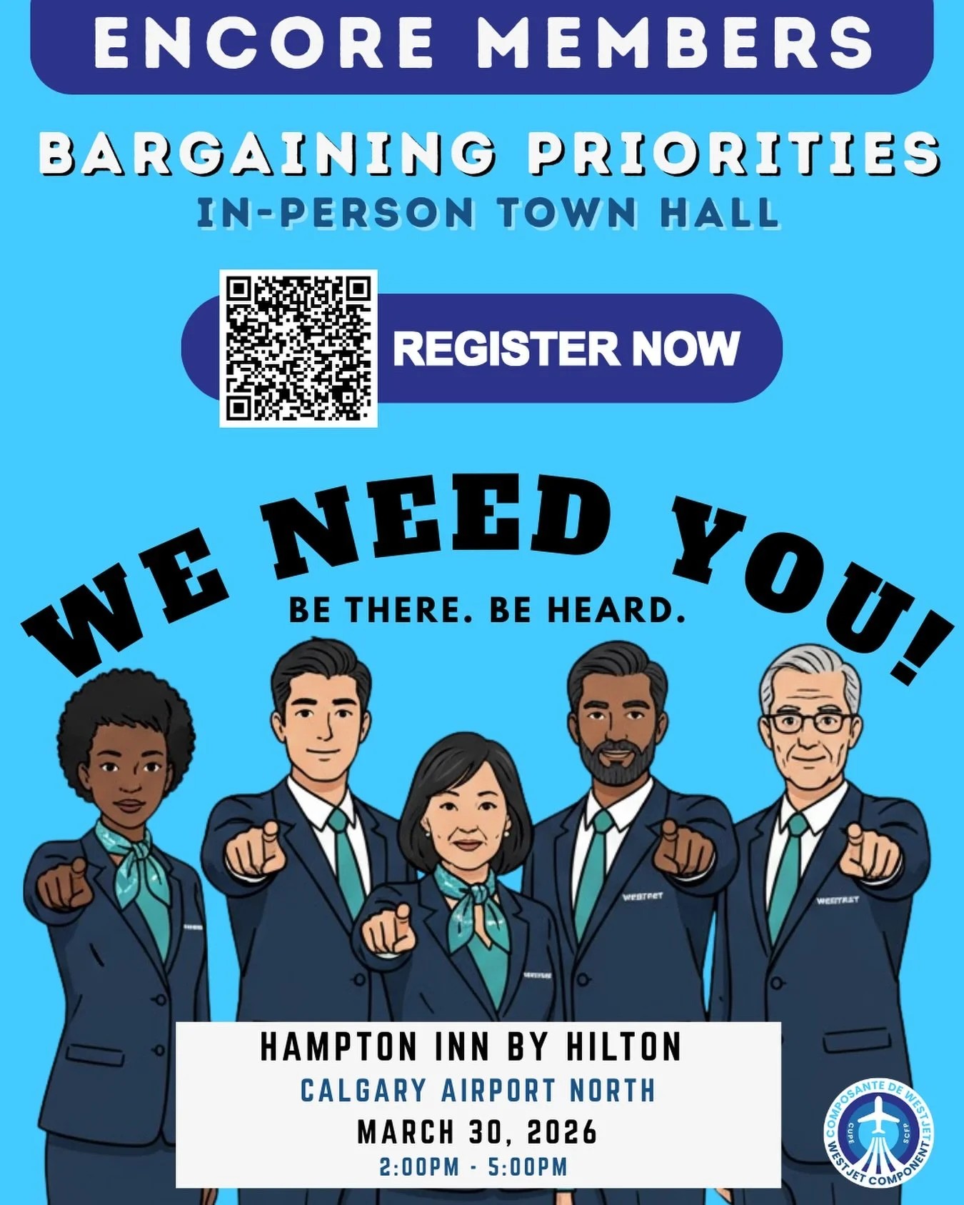 WestJet Encore members! This is a reminder to register for the in person bargaining priorities townhall on March 30. This is your chance to engage with your bargaining committee, ask questions, and learn more about what will be negotiated as identifi