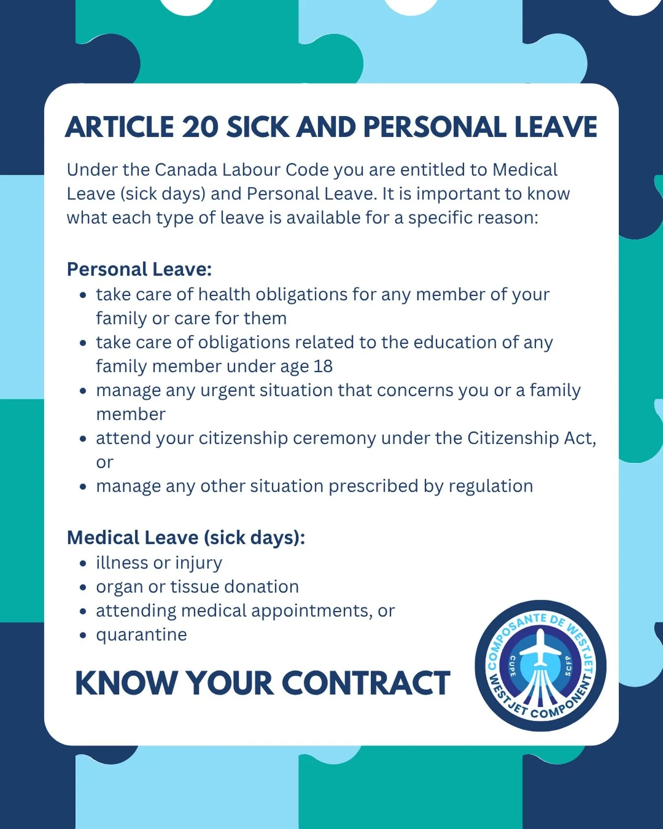 Knowledge is Power. The Canada Labour Code clearly outlines what Personal/Medical Leave is available for. If you have questions, reach out to your Union Representation!