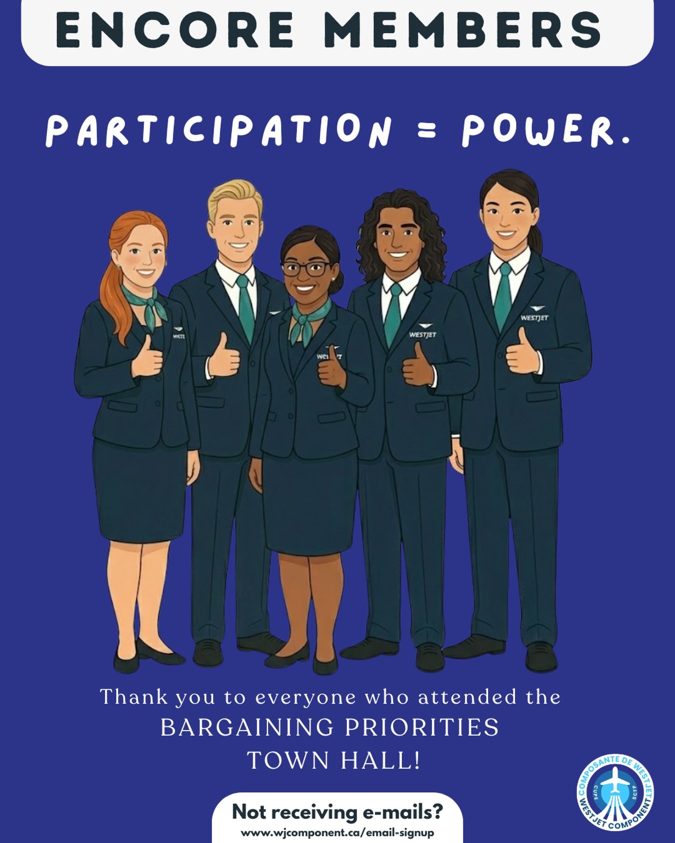 Thank you to all the WestJet Encore members that came out to your bargaining priorities townhall yesterday! Your participation and engagement show the commitment of our members to advocate for better wages, safe working conditions and ending the prac