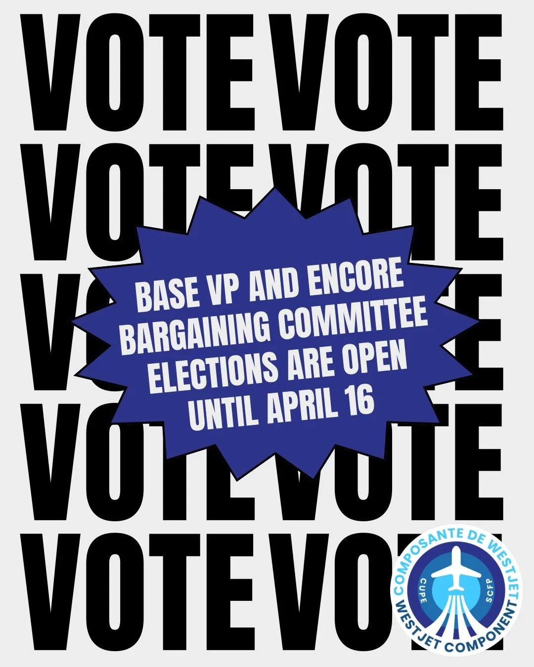 Elections are open for YVR, YWG, YUL and the Encore Bargaining Committee Positions. Elections close April 16 @ 1400MT. Check your personal email for your voting details! Les &eacute;lections sont ouvertes pour les postes du comit&eacute; de n&eacute;