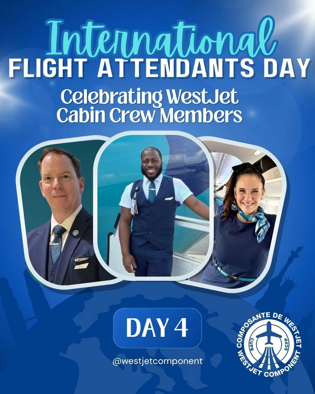 ✈️ COUNTDOWN TO INTERNATIONAL FLIGHT ATTENDANTS DAY: DAY 4 ✈️
We are officially past the halfway mark! 🥳 The energy is building as we approach International Flight Attendants Day. Today, the WestJet Component (CUPE 8125) wants to recognize the incre