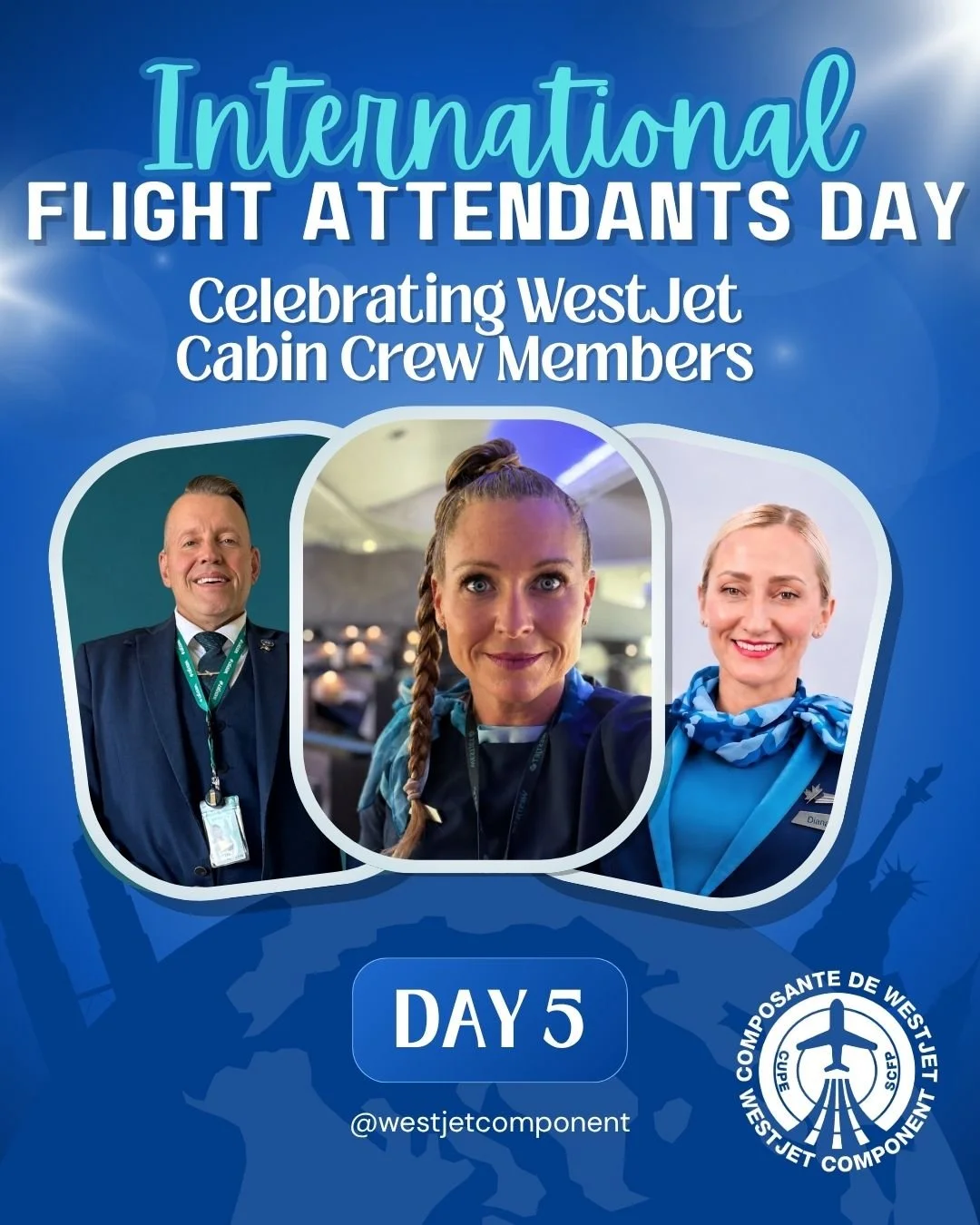 ✈️ COUNTDOWN TO INTERNATIONAL FLIGHT ATTENDANTS DAY: DAY 5 ✈️

Only 2 days to go! As we draw closer to International Flight Attendants Day, the WestJet Component (CUPE 8125) is incredibly proud to celebrate the professionals who juggle safety, servic