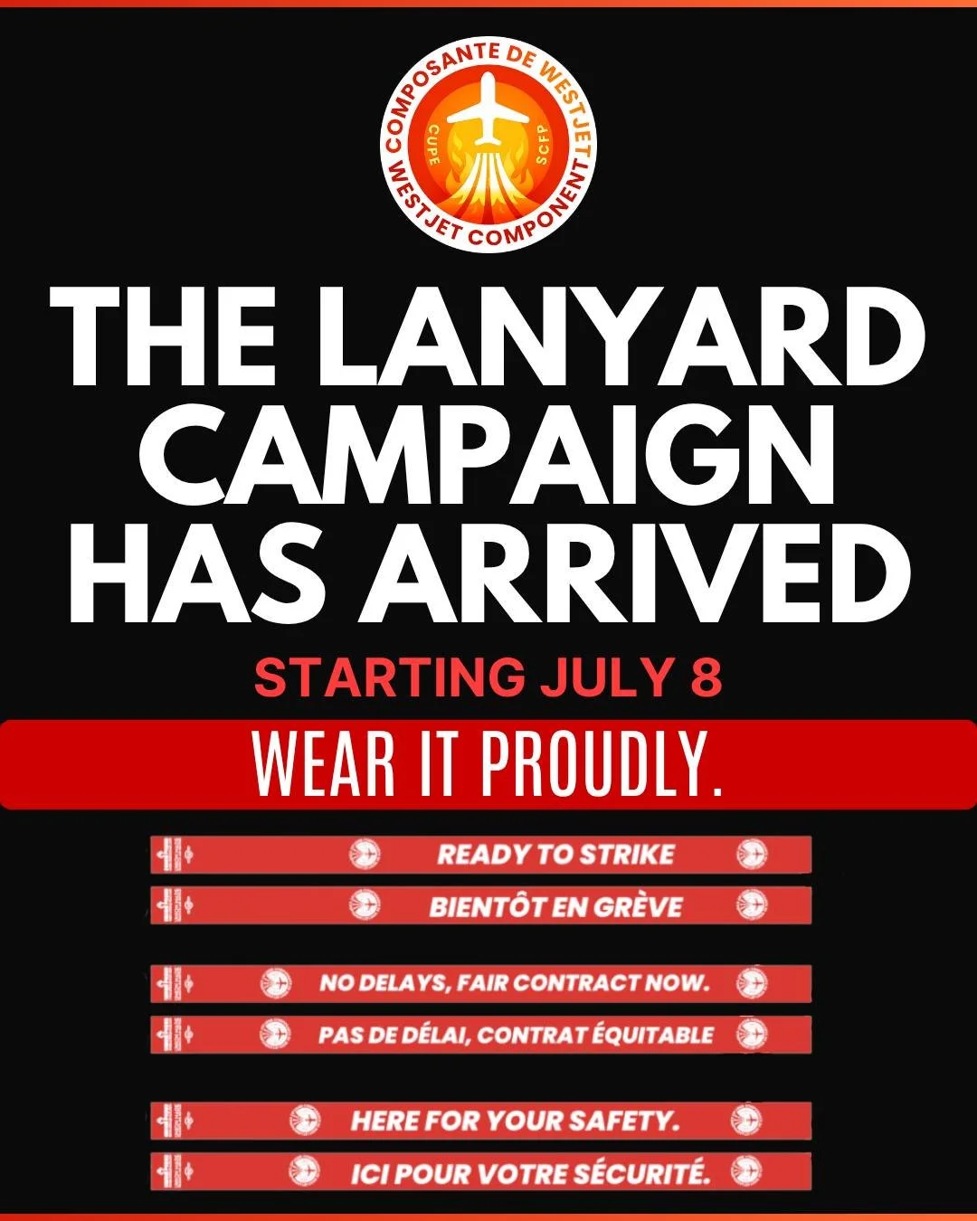 🚨 RED LANYARD CAMPAIGN LAUNCH 🚨

Visibility matters.

This week, WestJet Component is launching the next phase of our bargaining campaign with the rollout of our official campaign lanyards.

Whether your lanyard says Here for Your Safety, Fair Cont