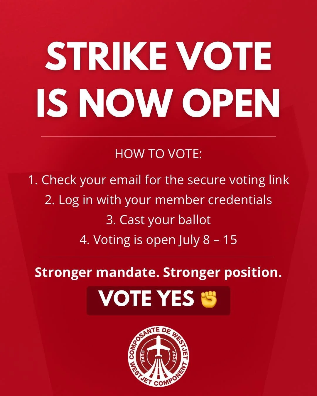 🗳️ YOUR VOICE. YOUR VOTE. YOUR FUTURE.

THE STRIKE VOTE IS NOW OPEN! Check your inbox. Your Bargaining Committee asks members to support a STRIKE MANDATE. A strong vote doesn't mean a strike will happen&mdash;it means we are united and standing behi