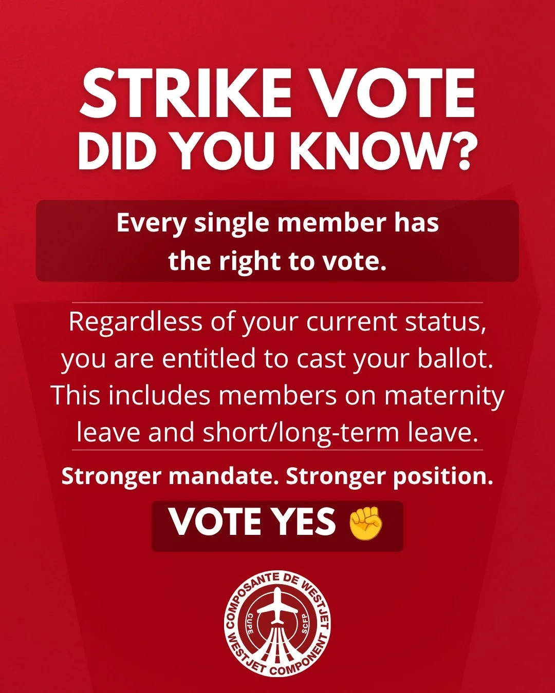 🗳️ STRIKE VOTE DID YOU KNOW?

Every member has the right to vote.

No matter your current status, your voice matters and your ballot counts. This includes members on maternity leave, medical leave, and short- or long-term leave.

A strong strike man