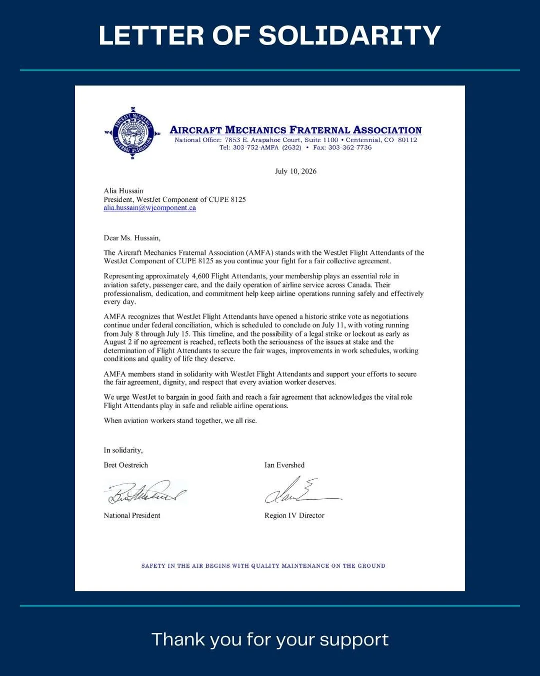 ✊ Thank You, AMFA WestJet ✊

We extend our sincere thanks to AMFA WestJet for their powerful letter of solidarity and support. Acts of unity like this remind us that when workers stand together, our collective voice is stronger.

Letters of solidarit