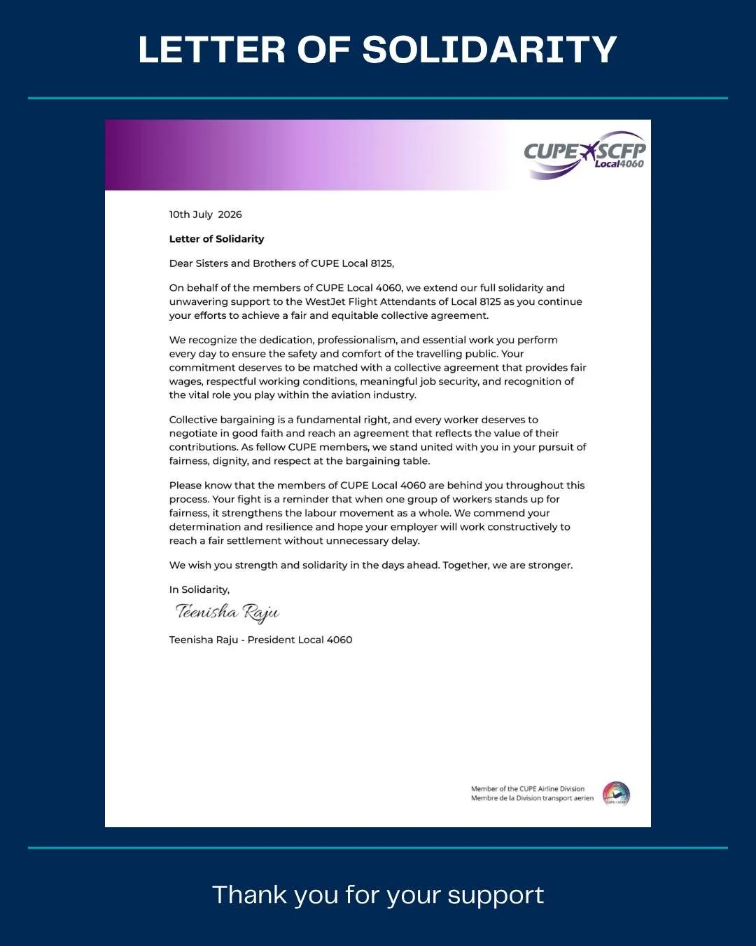 ✊ Thank You, CUPE Local 4060 ✊

We extend our sincere thanks to CUPE 4060 representing Flair Cabin Crew for their powerful letter of solidarity and support. Acts of unity like this remind us that when workers stand together, our collective voice is s